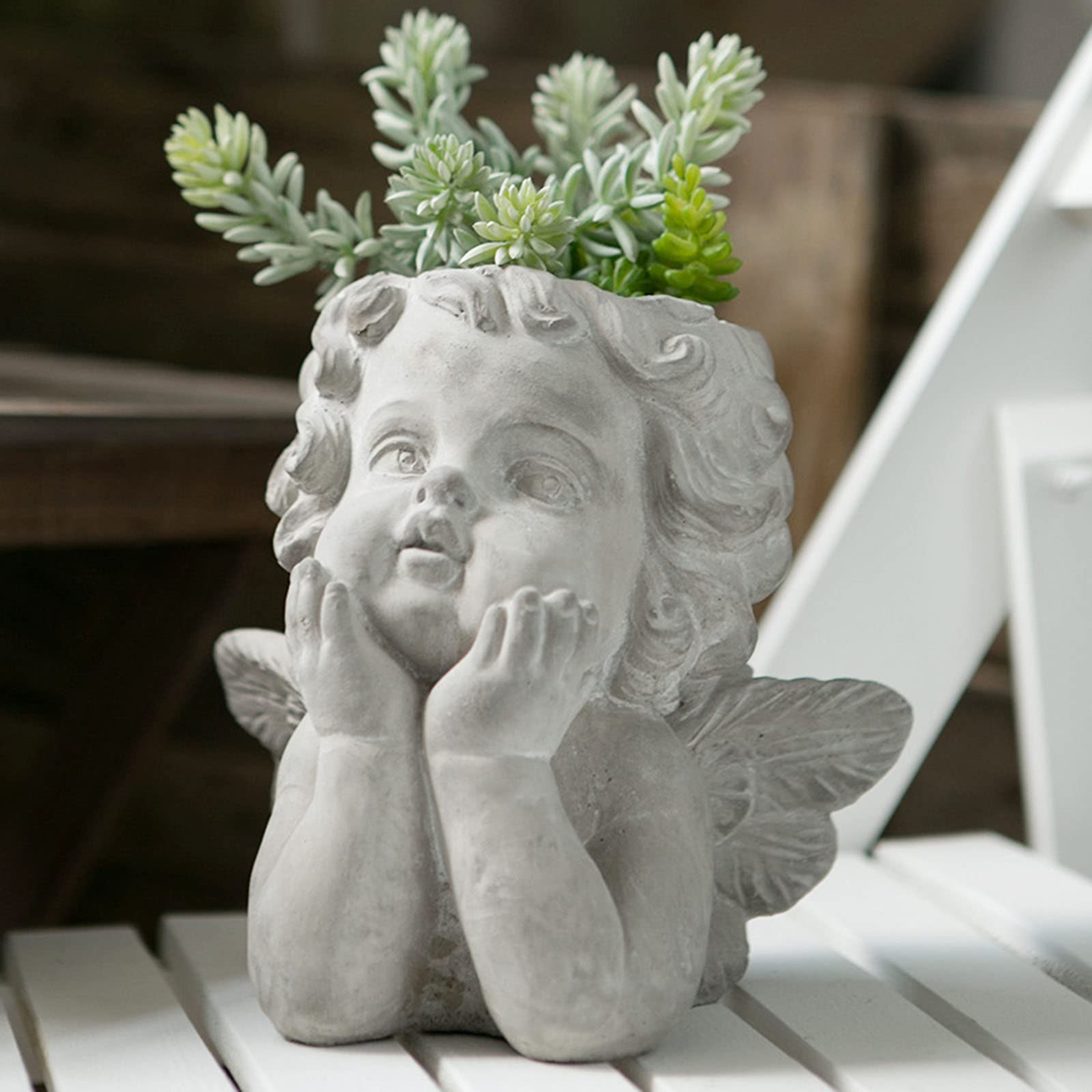 GGQ Angel Statue Head Planter with Drainage Hole - Small Self Watering Flower Pot for Succulents & Indoor Plants (8.4x7inch) - Perfect for Home Decor, Office Desk & Gift Ideas