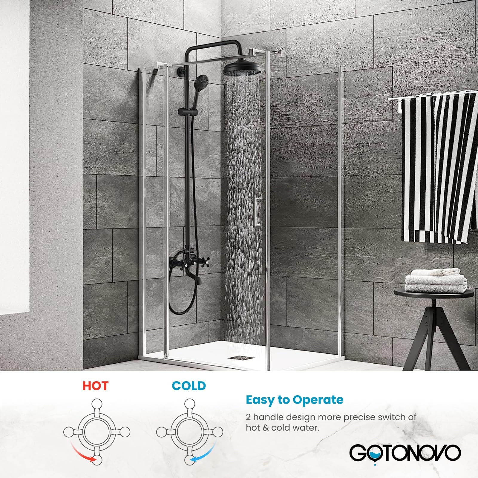 Gotonovo 8 Inch Round Rain Shower Head with Double Cross Handle & Tub Spout - Matte Black Wall Mount Bathroom Faucet Mixer - 3 Function ABS Handheld Sprayer for Luxurious Spa-Like Shower Experience