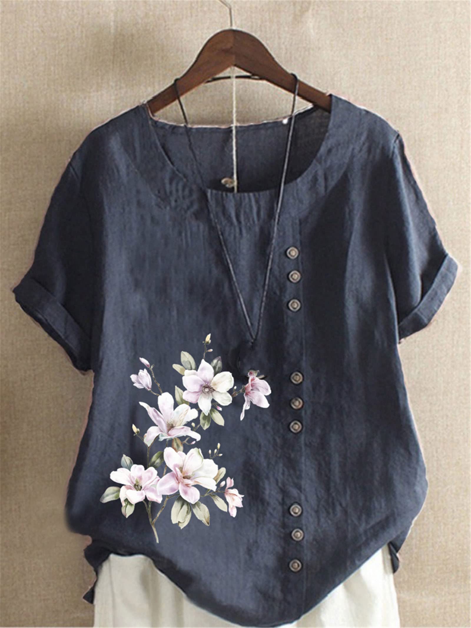 Women's Floral Print Linen T-Shirt - Breathable Summer Short Sleeve Loose Fit Casual Top (White) | Perfect for Beach Outings, Weekend Brunch & Vacation Wear