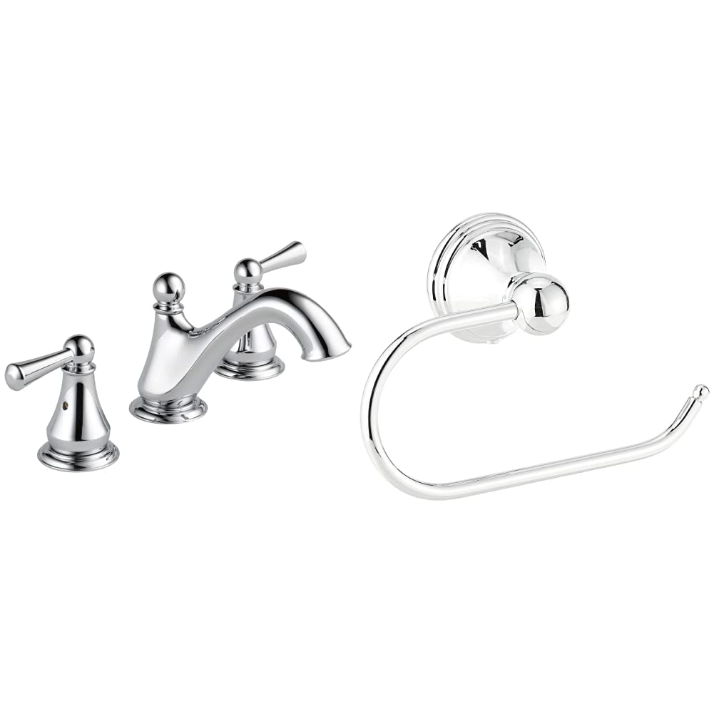 Delta Haywood Widespread Bathroom Faucet Chrome - 3 Hole Bathroom Sink Faucet with Drain Assembly & Moen DN8408CH Preston Toilet Paper Holder Chrome - Perfect for Modern Bathroom Renovation and Upgrade