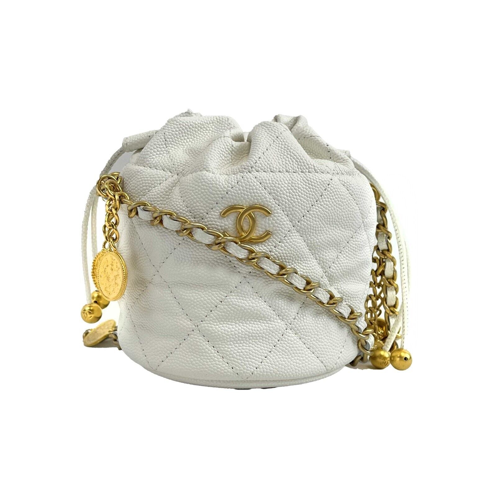 CHANEL Mini Bucket Bag in White Caviar Leather with Gold-Tone CC Logo - Luxury Crossbody Purse for Women | Perfect for Everyday Use, Parties & Special Occasions