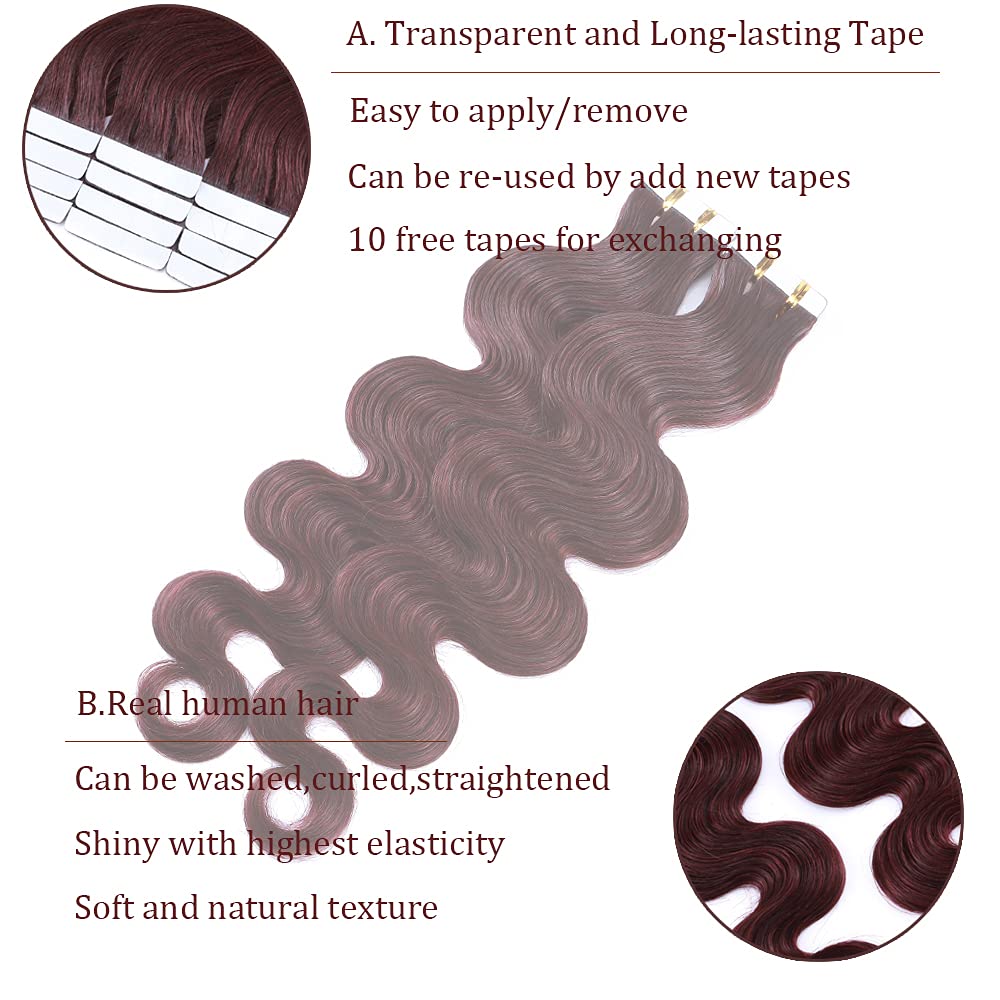 20pcs 40g Tape in Hair Extensions 100% Remy Human Hair - Balayage Wine Red Seamless Curly Wavy 14 Inch Double Sided | Perfect for Parties, Weddings & Daily Styling