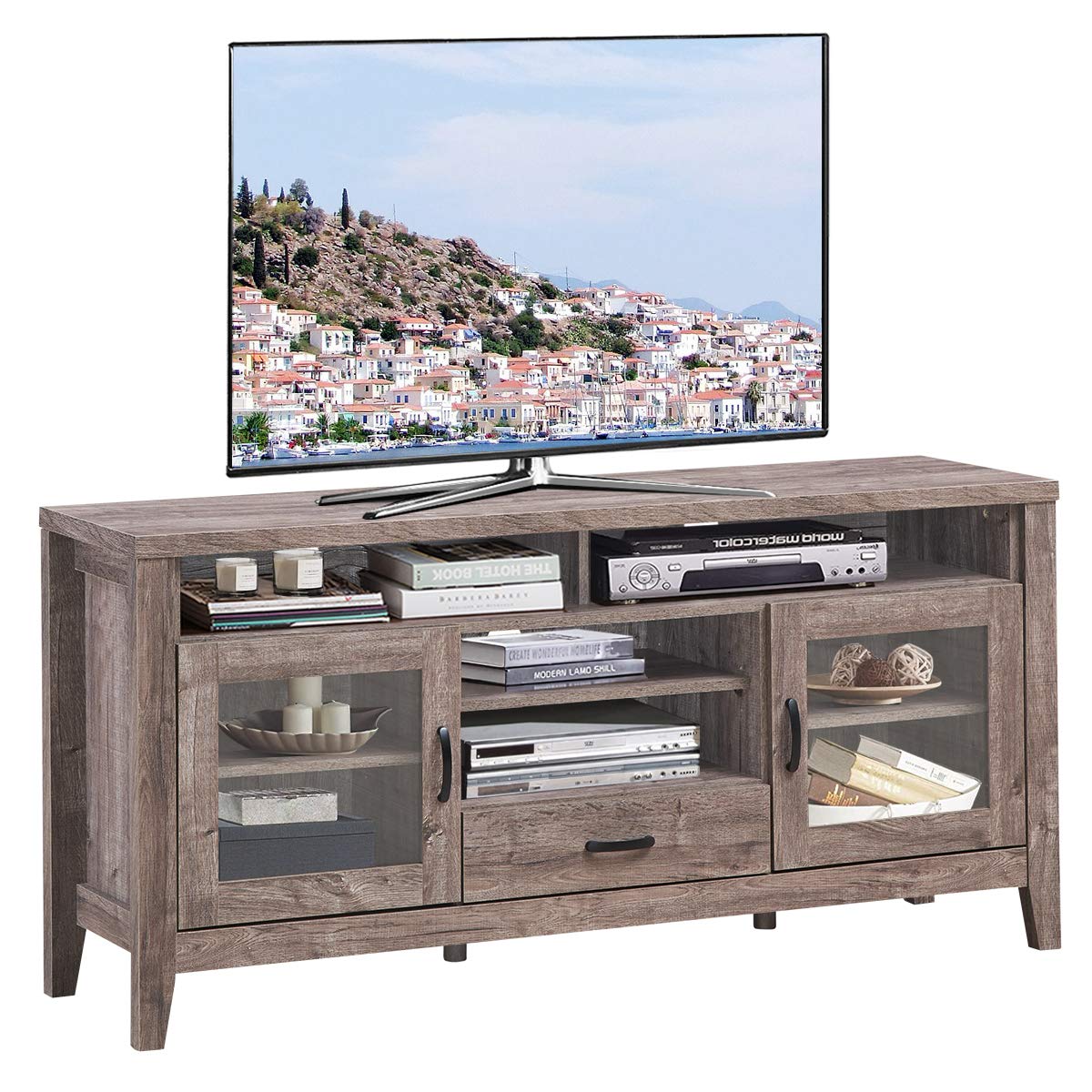 LUARANE 65 Inch TV Stand with Storage - Modern Entertainment Center for Living Room, 4 Open Shelves, 2 Glass Door Cabinets & 1 Drawer, Sturdy 6-Leg Design for TVs up to 65