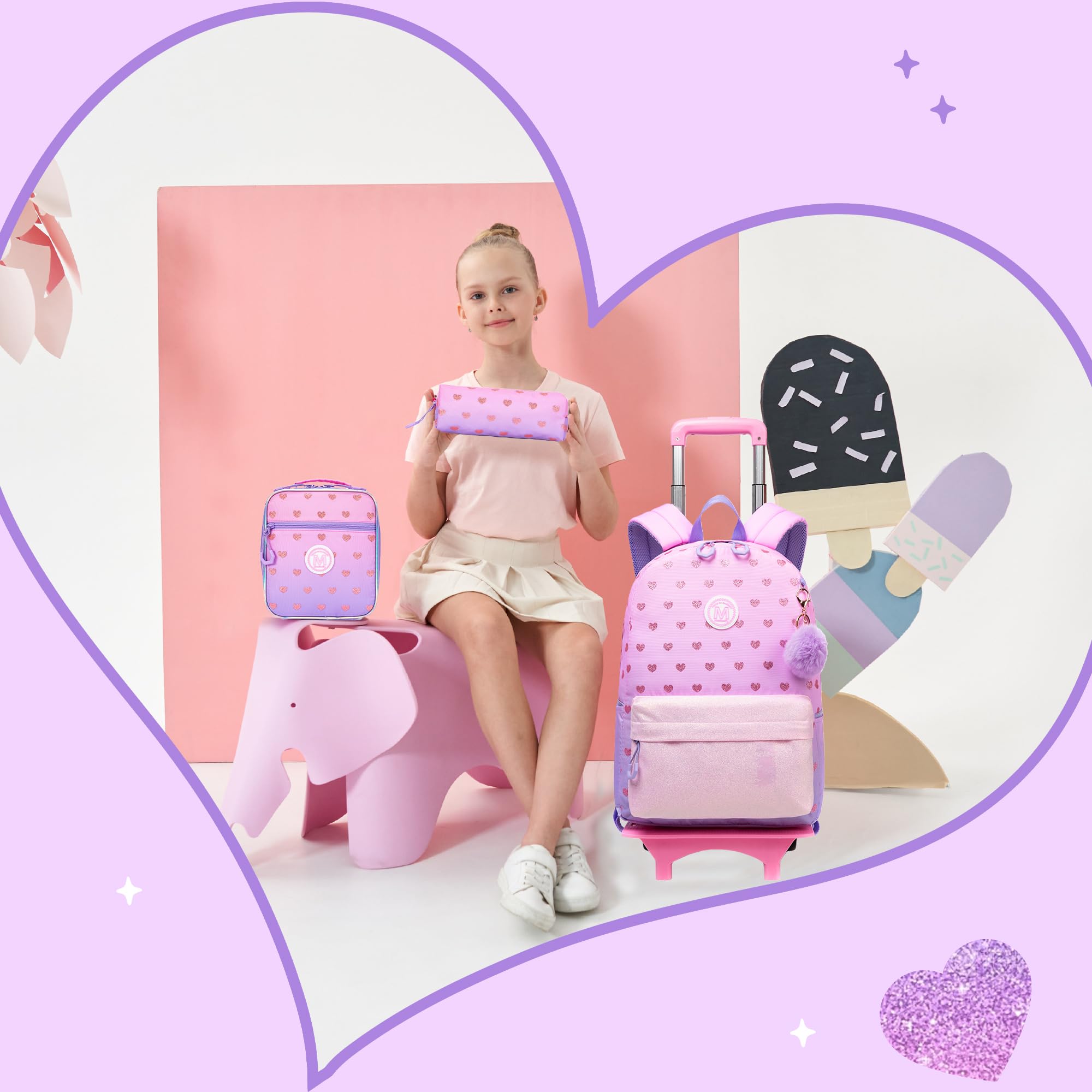 Meetbelify Rolling Backpack for Girls - Wheeled School Backpack for Elementary & Teen Students, Travel Carry-On Luggage Suitcase (Ages 8-10) - Perfect for School, Travel & Daily Commute