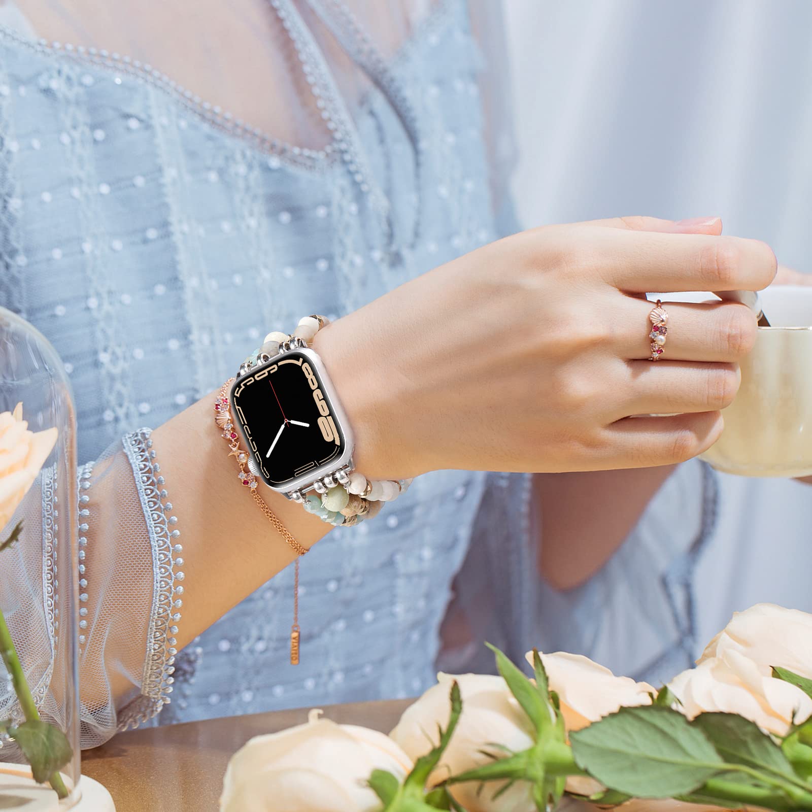 VISOOM Stretchy Beaded Boho Bracelet Compatible with Apple Watch 40mm/38mm/41mm/42mm (Series 1-10 & SE) - Handmade Crystal Beads Fashion Watch Band for Women - Perfect for Work, Yoga & Boho Style Outfits