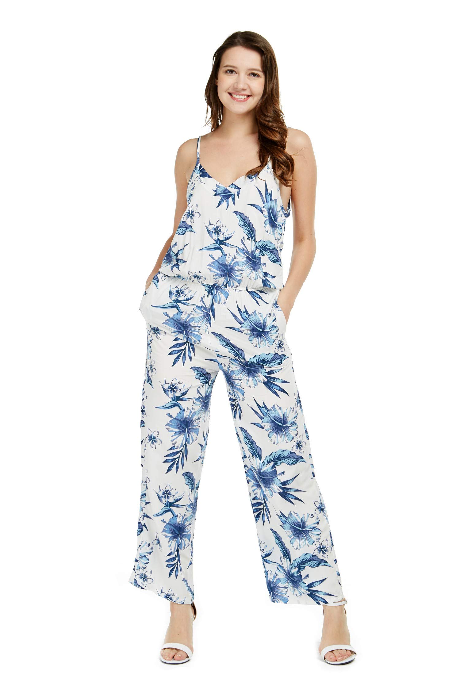 Women's Hawaiian Strap V-Neck Jumpsuit with Pockets - Simply Blue Leaves Print | Beach Cover Up, Summer Outfit, Vacation Wear, Casual Romper for Women