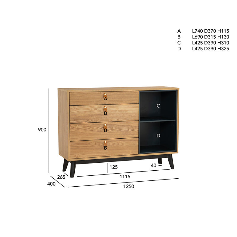 CASTOR Sideboard Buffet 125cm - Modern Wooden Storage Cabinet in Natural, Navy Blue & Black - Perfect for Dining Room, Living Room & Entryway Organization