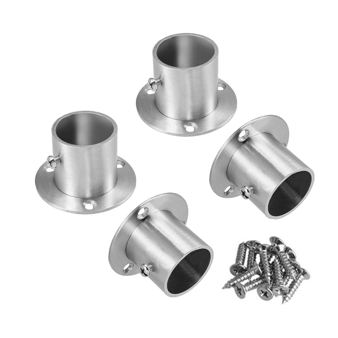 4PCS Heavy Duty Stainless Steel Closet Rod Brackets - 1-1/4 Inch High Flange O-Shaped Pole Sockets with Screws for Wardrobe, Curtain & Shower Rod Installation (Silver) - Perfect for Bedroom Closets, Walk-in Wardrobes and Bathroom Shower Curtain Hanging