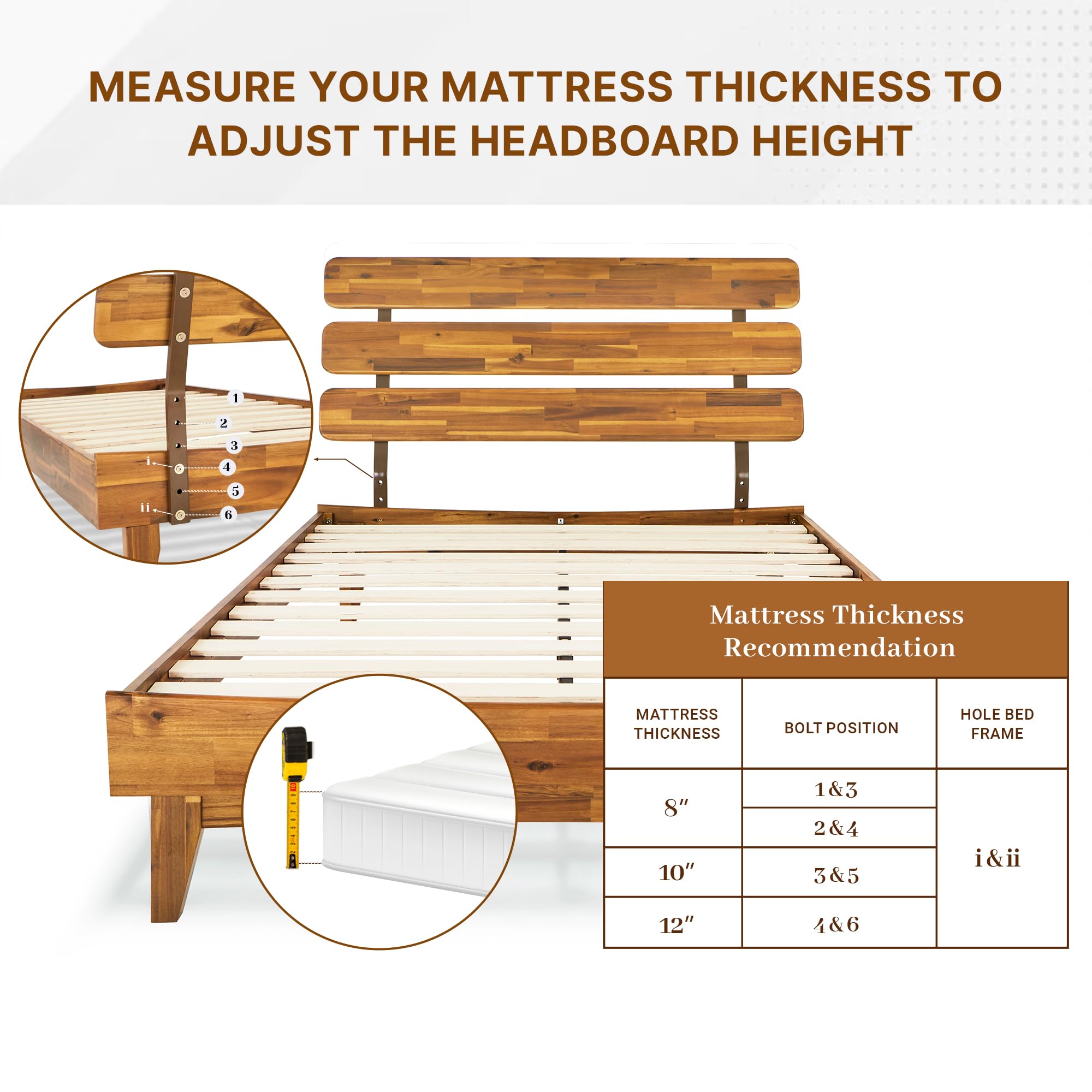 Bme Caden 15 Inch Deluxe Bed Frame with Adjustable Headboard - Mid Century Modern Retro Style Acacia Wood Platform Bed - No Box Spring Needed - 12 Sturdy Wood Slat Support - Easy Assembly - Caramel Finish - Full Size Bed for Bedroom, Guest Room & Dorm