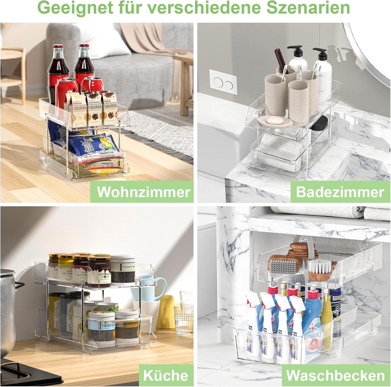Polegas Acrylic Kitchen Organizer Set - Transparent Refrigerator, Under-Sink & Spice Drawer Organizers with Dividers, Space-Saving Multifunctional Storage Solution for Pantry, Fridge & Countertop | Perfect for Small Kitchens & Apartment Living