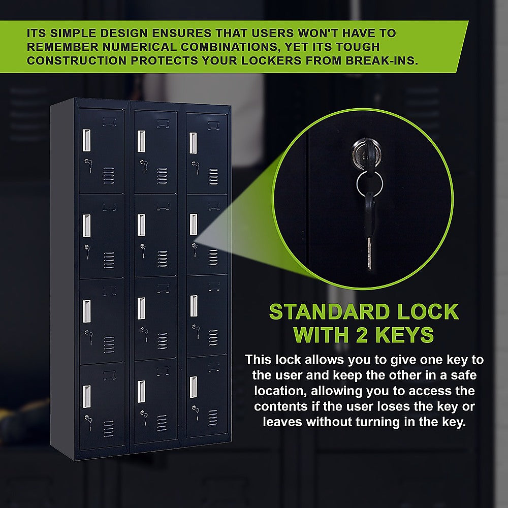 12-Door Locker with Standard Lock & Keys - Heavy Duty Metal Storage Cabinet for Office, Gym, School, Home & Shed - Ideal for Secure Equipment, Personal Belongings & Sports Gear Storage