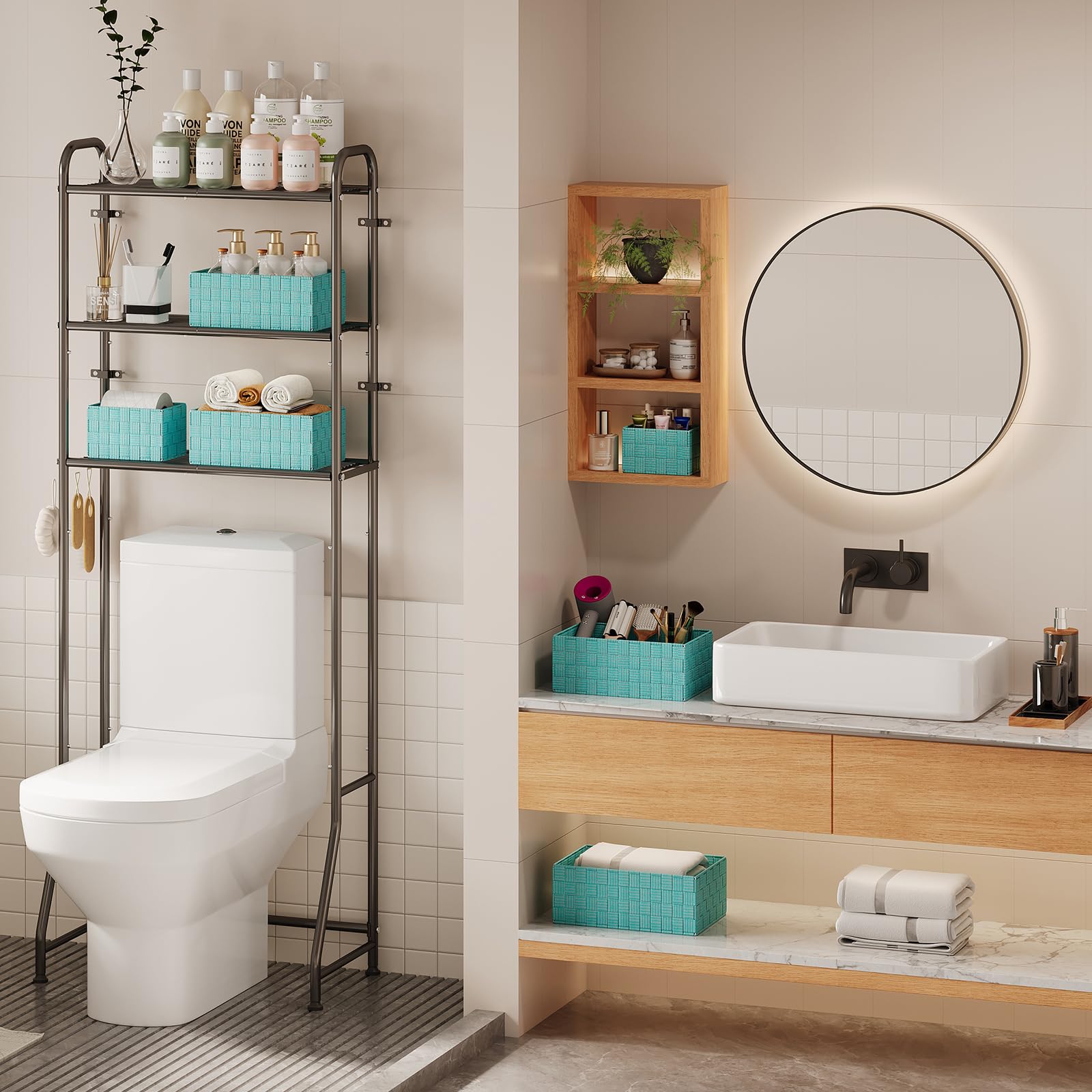 Woven Storage Baskets Set of 6 - Foldable Cube Bins for Closet, Shelves & Home Organization - Aqua Storage Containers | Perfect for Bedroom, Nursery & Laundry Room Organization