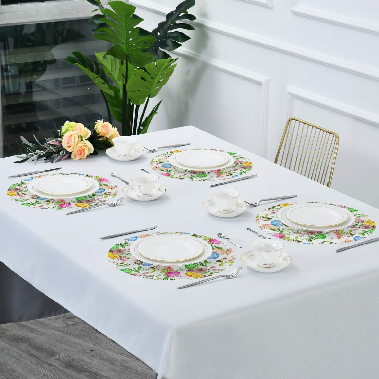 Easter Bunny Eggs in Grass Flowers Round Placemats Set of 6 - Washable Kitchen Table Mats for Easter Decorations, Spring Dining, Holiday Parties & Family Gatherings