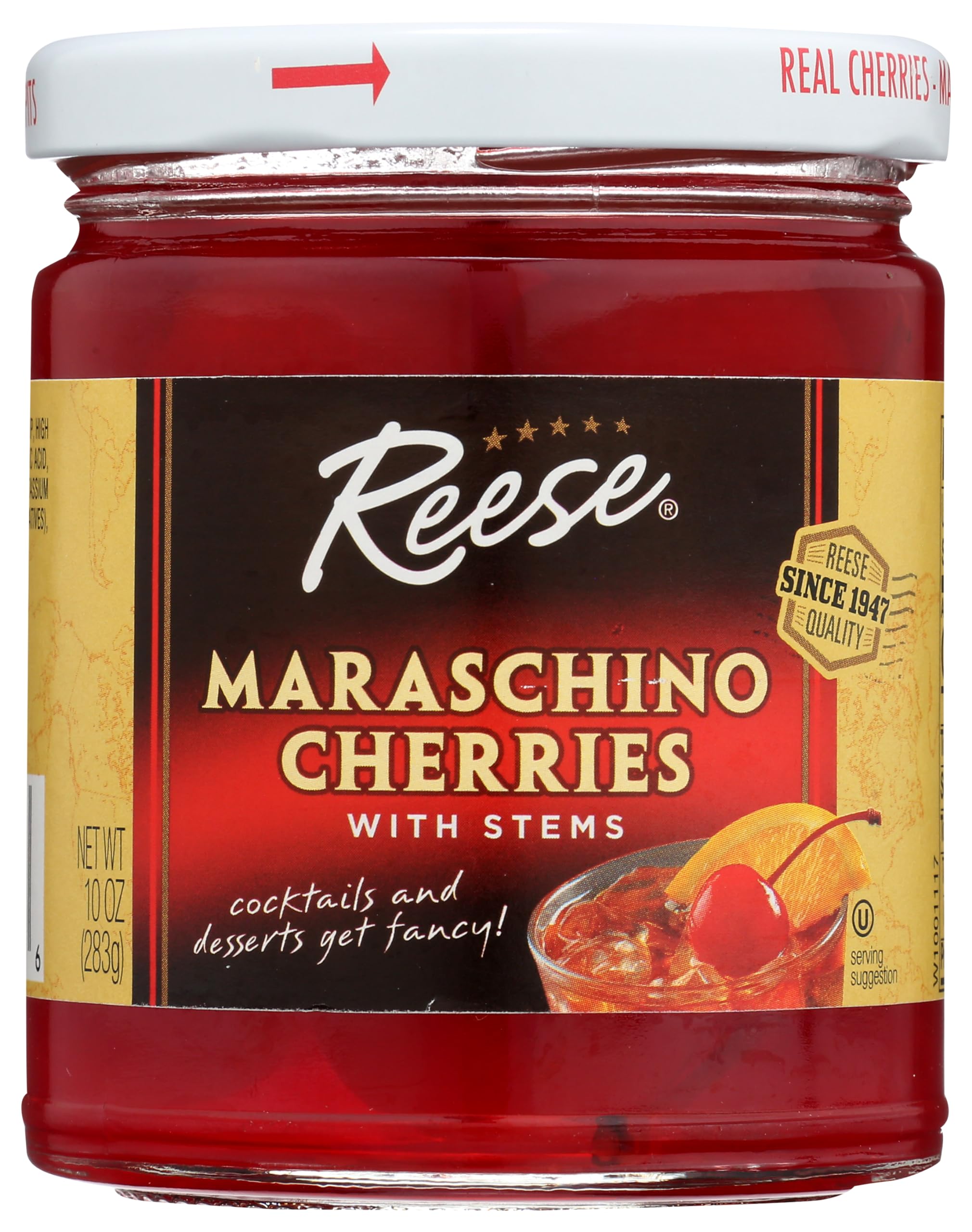 Premium Reese Red Maraschino Cherries with Stems - 10oz Jar (Pack of 1) | Perfect for Cocktails, Desserts & Baking | Sweet Garnish for Drinks, Cakes & Ice Cream