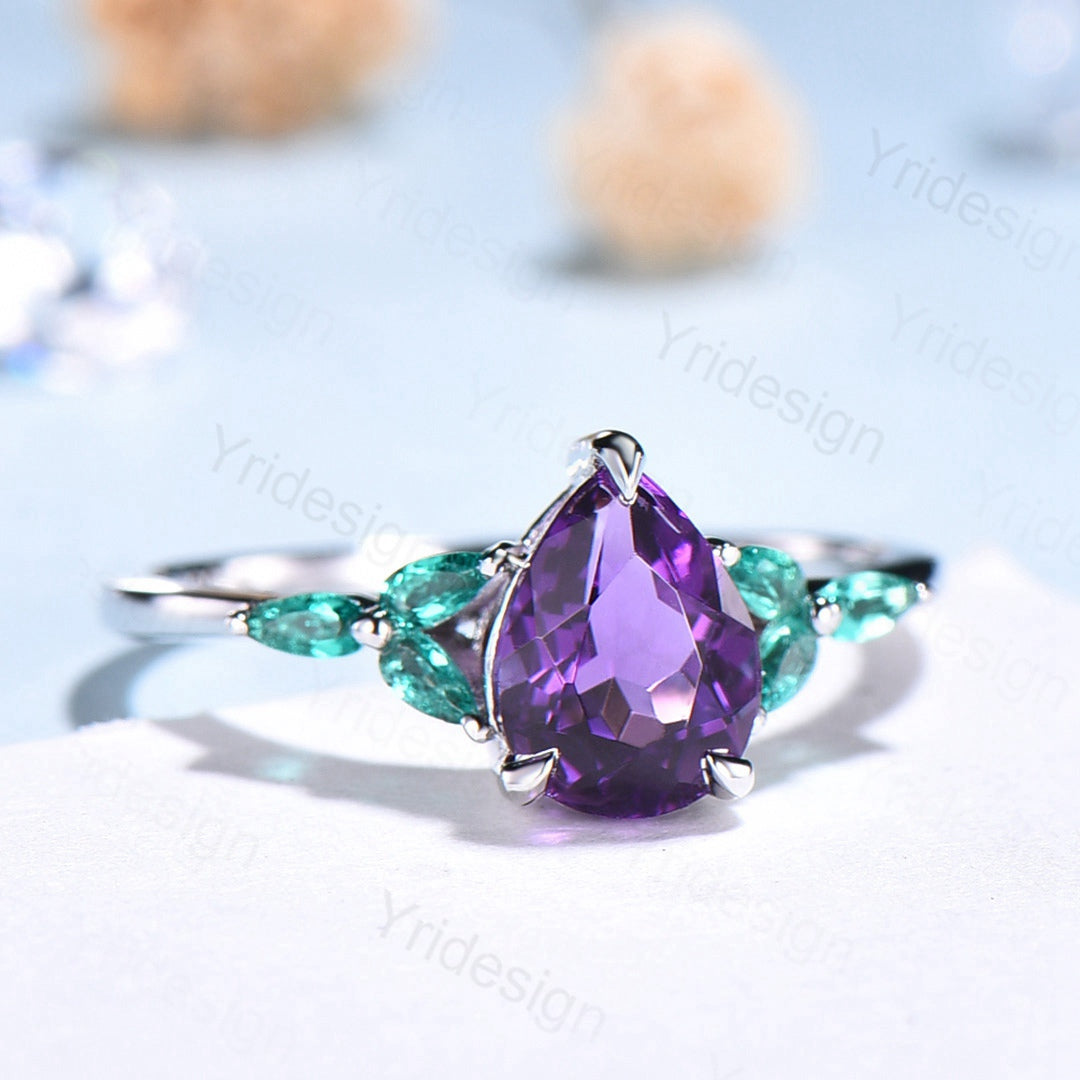 Exquisite 7-Stone Pear Amethyst & Emerald Engagement Ring in 14K White Gold - Perfect for Proposals, Anniversaries & Special Occasions