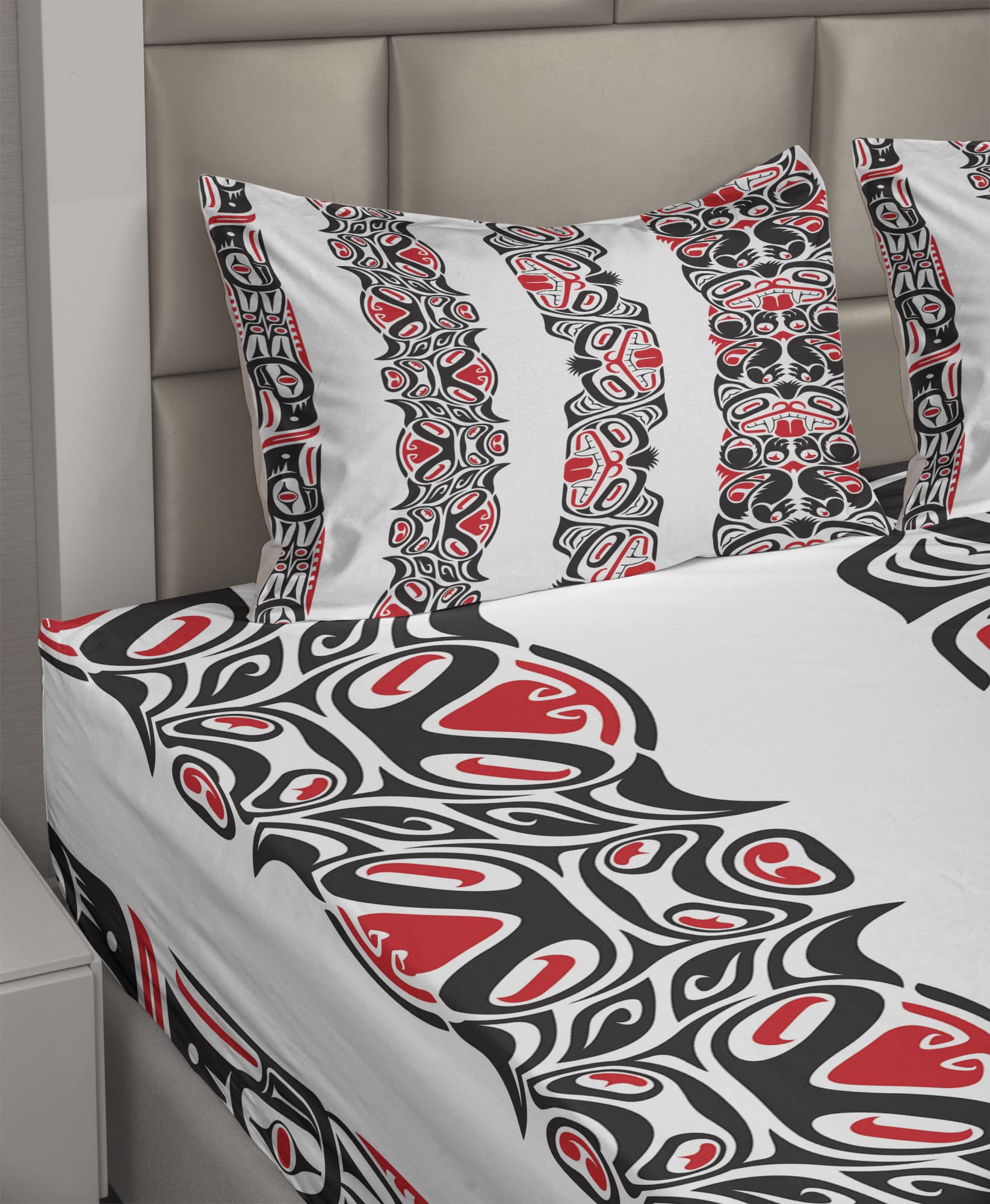 Ambesonne Prehistoric Dinosaur Bed Sheet Set - King Size 4-Piece with Haida Tribal Animal Motifs, Fitted & Flat Sheets + Pillowcases - Black Vermilion White | Perfect for Kids' Rooms, Dinosaur-Themed Bedrooms & Unique Home Decor