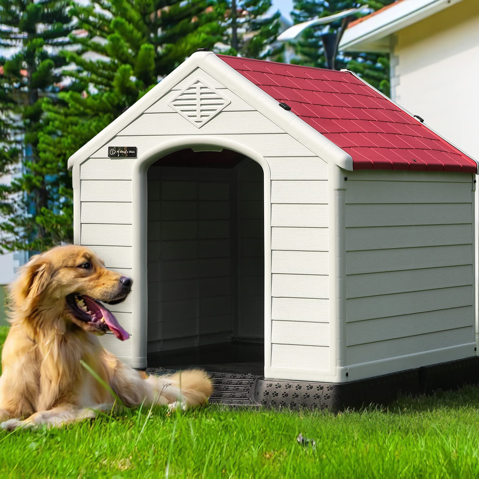 OFIKA Insulated Waterproof Dog House for Small Medium Large Dogs - Durable Plastic Indoor/Outdoor Pet Shelter with Air Vents & Elevated Floor | Easy to Assemble & Clean | Perfect for Backyard, Patio or Garage Use