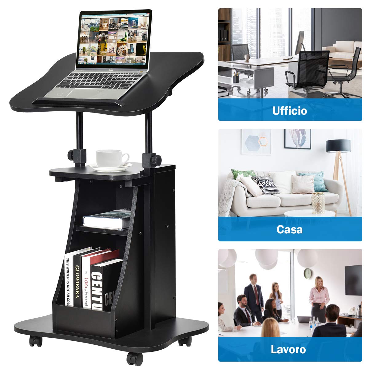 Height Adjustable Mobile Laptop Podium Stand - Rolling Sit to Stand Lectern with Swivel Top & Lockable Wheels, Computer Desk with Shelves for Classroom, Church, Home Office & Conference Room Presentations