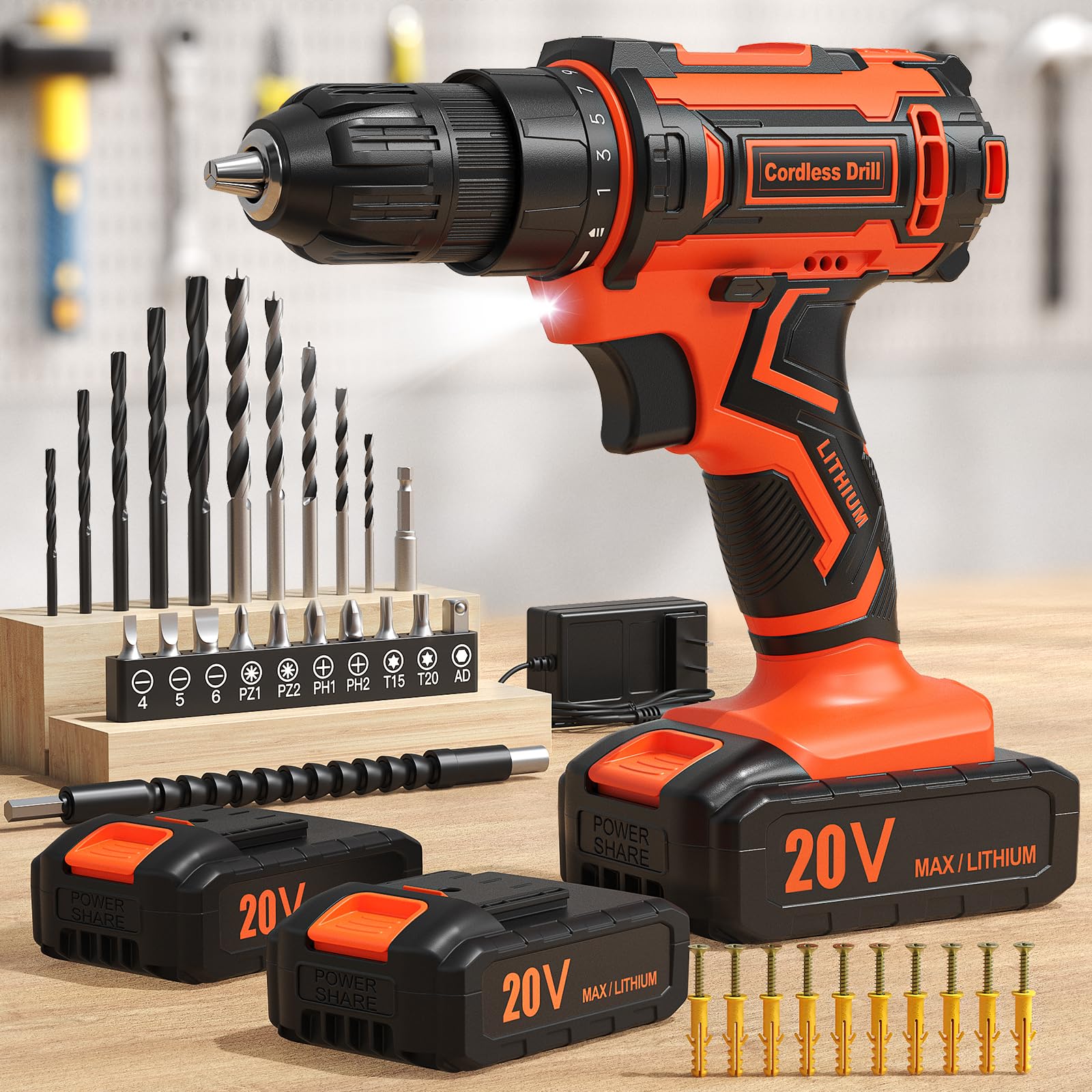 20V Cordless Drill with 2 x 2000mAh Batteries & Charger - 3/8