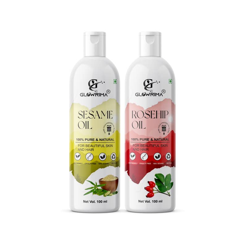 Glowrima 100% Pure Sesame Oil & Rosehip Oil Combo (100ML Each) - Promotes Rapid Hair Growth, Reduces Hair Fall, Repairs Split Ends for Softer & Shinier Hair - Perfect for Daily Hair Care & Scalp Massage (Pack of 2)