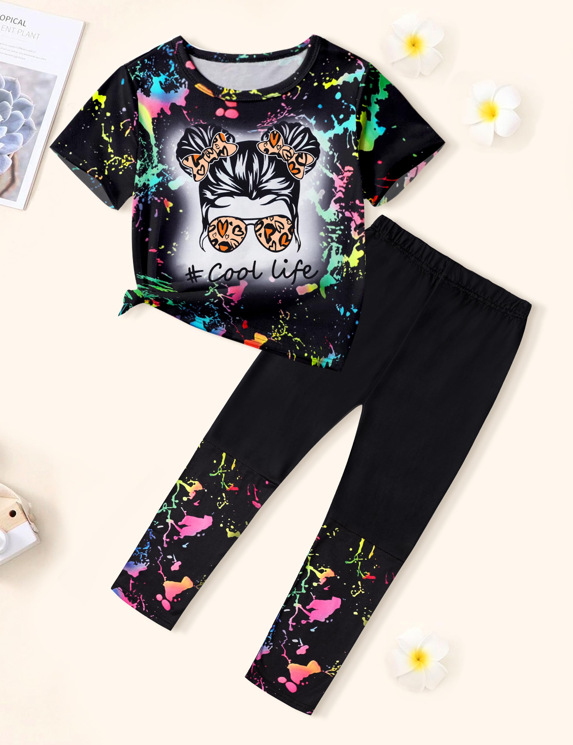 **DONWEN Girls Tie-Dye 2-Piece Sweatsuit Set - Short Sleeve Graphic Top & Long Pants - Cute Summer Outfits for Girls - Perfect for Playdates, School, and Casual Wear**