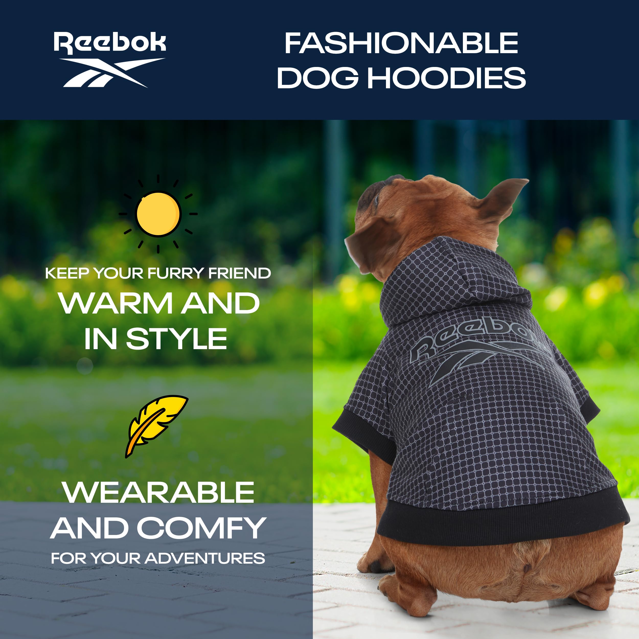 Reebok Fleece Dog Hoodie with Leash Hole - Warm Winter Dog Sweater for Small, Medium & Large Dogs | Cozy Pullover Hooded Sweatshirt for Fall & Christmas Outfits | Perfect for Cold Weather Walks & Holiday Photos