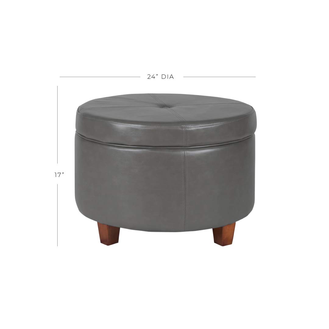 HomePop Large Round Leatherette Storage Ottoman with Lift-Top Lid - Charcoal Grey | Footrest, Coffee Table & Hidden Storage for Living Room, Bedroom & Office
