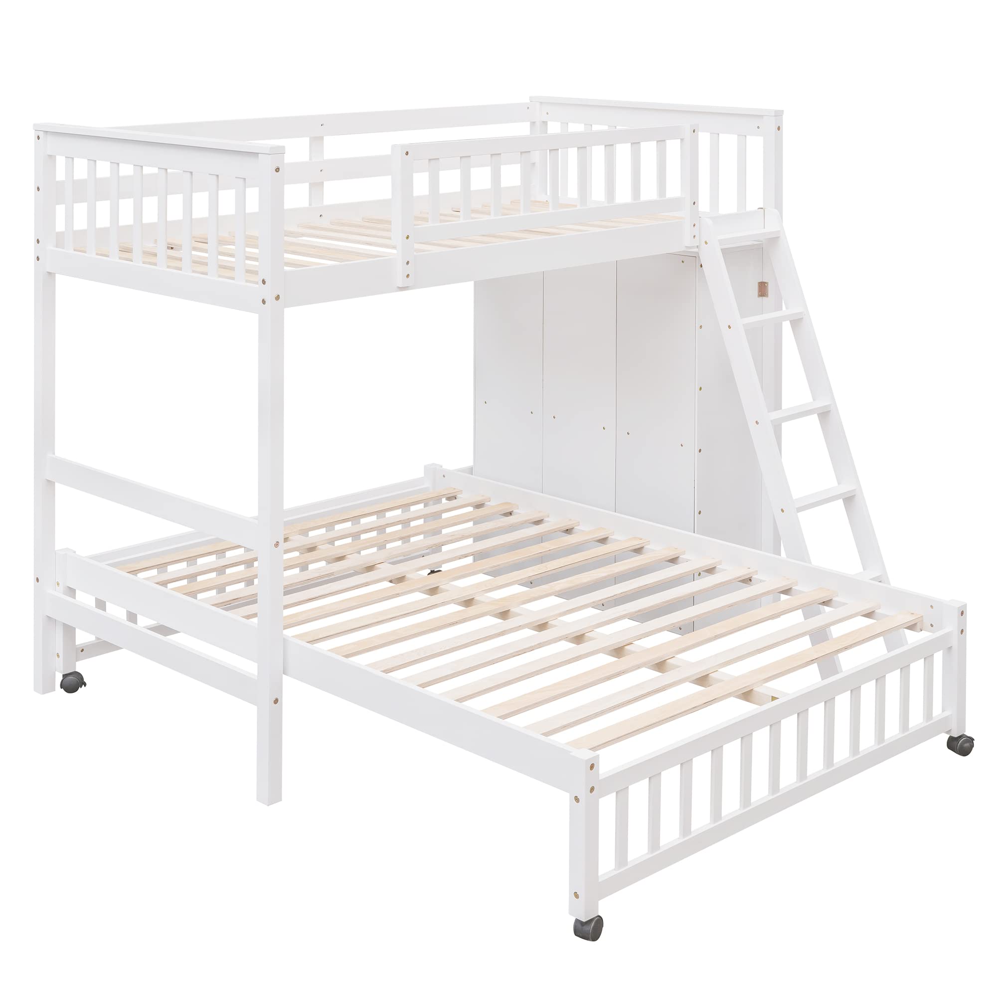 Harper & Bright Designs Twin Over Full Bunk Bed with 6 Storage Drawers & 3 Shelves - Space Saving Wood Loft Bed with Movable Lower Bed, No Box Spring Needed (White, Wheels Included) - Perfect for Kids Rooms, Guest Rooms & Small Apartments