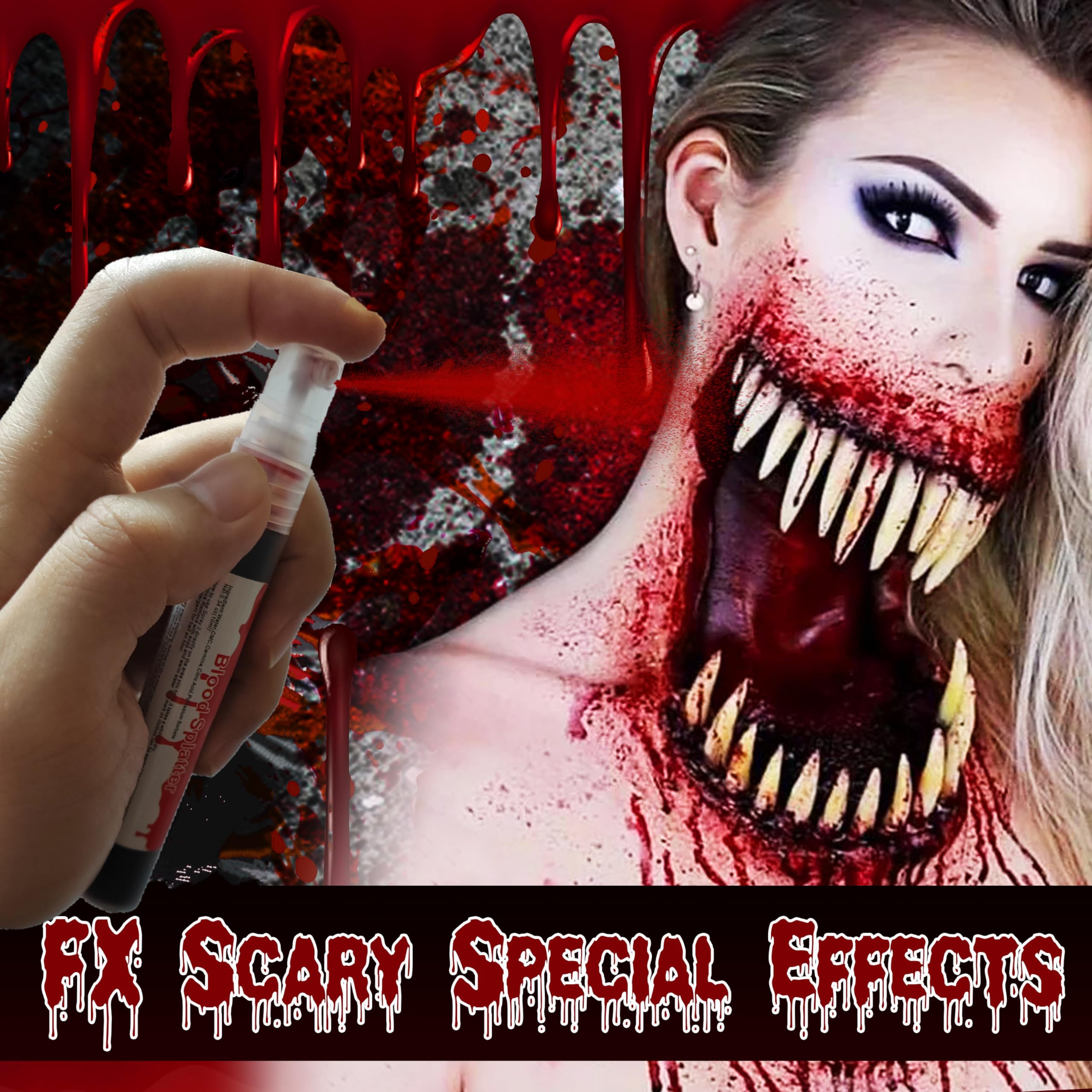 Halloween Vampire Fangs Teeth Makeup Kit - 4 Pairs Adjustable Fake Teeth with Fake Blood Spray, Sticky Blood & Dripping Blood for SFX Cosplay, Costume Parties & Horror Movie Effects