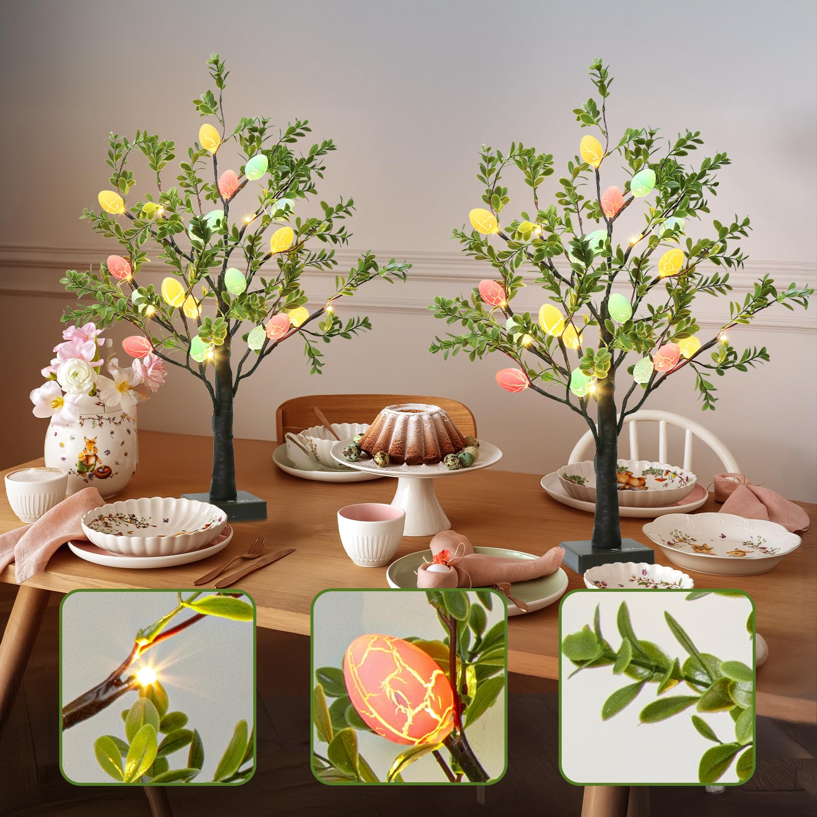 EAMBRITE 2Ft LED Lighted Easter Tree with 24 Hanging Eggs - Battery/USB Powered Artificial Tabletop Tree for Spring Home Decor - Perfect for Easter Celebrations, Party Centerpieces & Seasonal Table Displays (2 Pack)