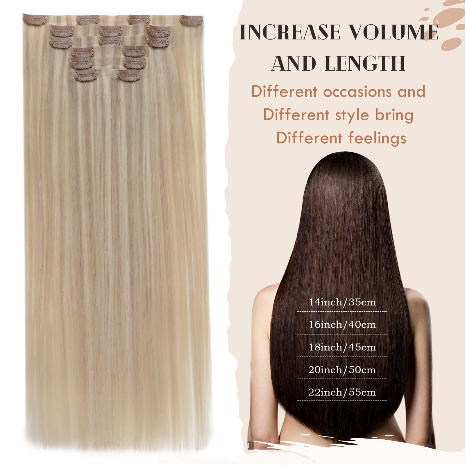 Vivien Clip in Hair Extensions 18 Inch 120g 7pcs - 100% Human Remy Hair, Ash Blonde & Bleach Blonde Highlights, Seamless PU Clips for Natural Look | Perfect for Parties, Weddings & Daily Styling