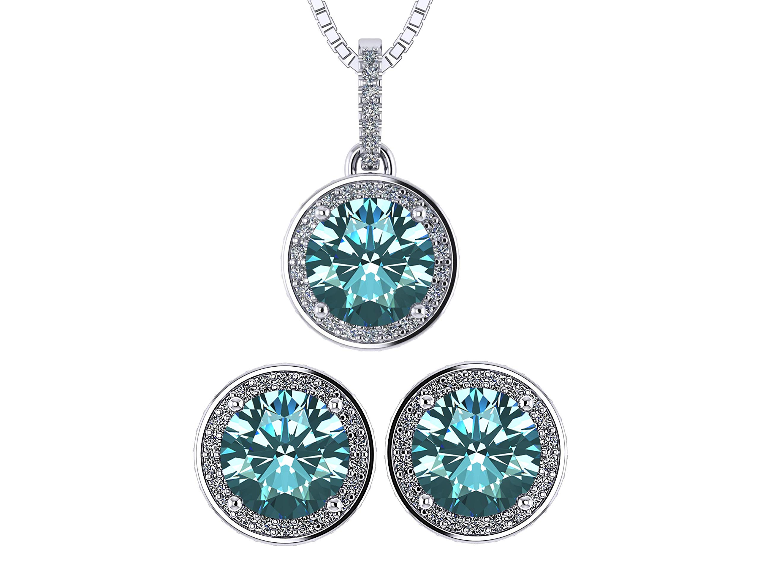 Central Diamond Center Round Halo Earring & Necklace Set with 6.5mm Simulated Birthstones in 925 Sterling Silver, Hypoallergenic Jewelry for Women - Perfect for Birthdays, Anniversaries, and Special Occasions