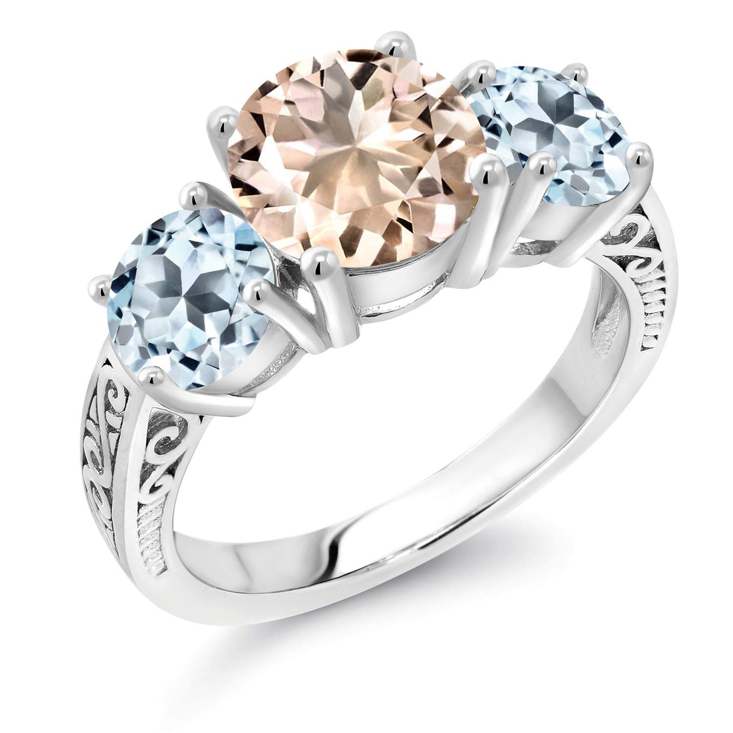 3.70 Ct Round Peach Morganite & Sky Blue Topaz 925 Sterling Silver 3-Stone Ring for Women - Elegant Birthstone Jewelry Gift for Anniversary, Engagement & Special Occasions