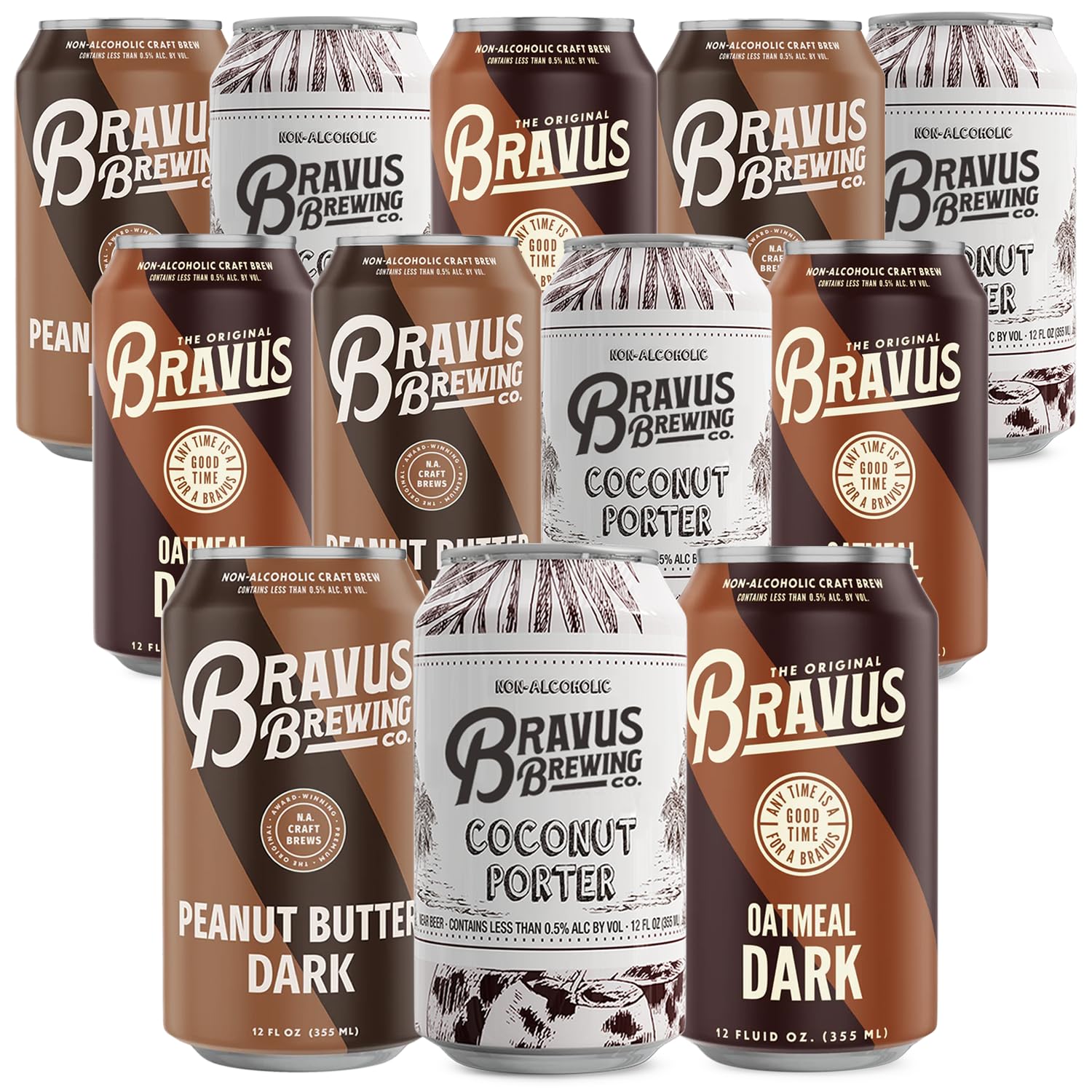 Bravus Non-Alcoholic Craft Beer Sampler Pack - 12 Cans (12oz) | Oatmeal Stout, Peanut Butter Stout, Coconut Porter | Dark Beer Variety for Parties, Gifts & Sober Lifestyle