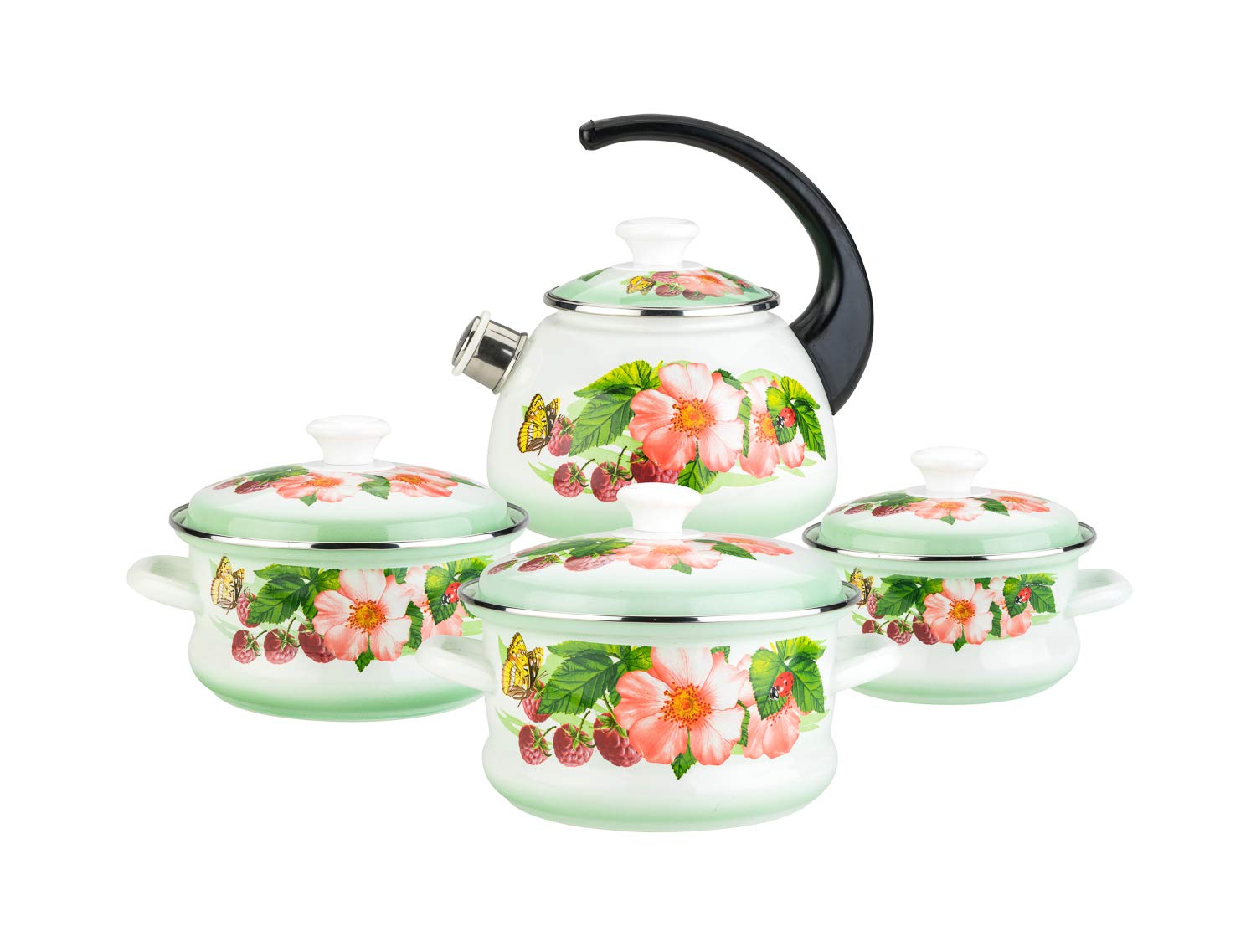 Sunny-C Enamel Cookware Set - 1.6L, 2.1L & 3L Cooking Pots with 2L Teapot | Durable Kitchen Cookware for Home Cooking, Tea Brewing & Family Meals | Perfect for Stovetop, Oven & Serving
