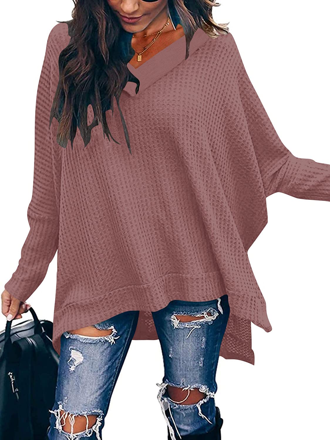 ANRABESS Women's Oversized Sweater - Long Batwing Sleeve Waffle Knit Pullover Top with Split Hem | Casual Loose Fit Crewneck Tunic for Fall & Winter | Perfect for Layering, Office Wear, and Cozy Outfits