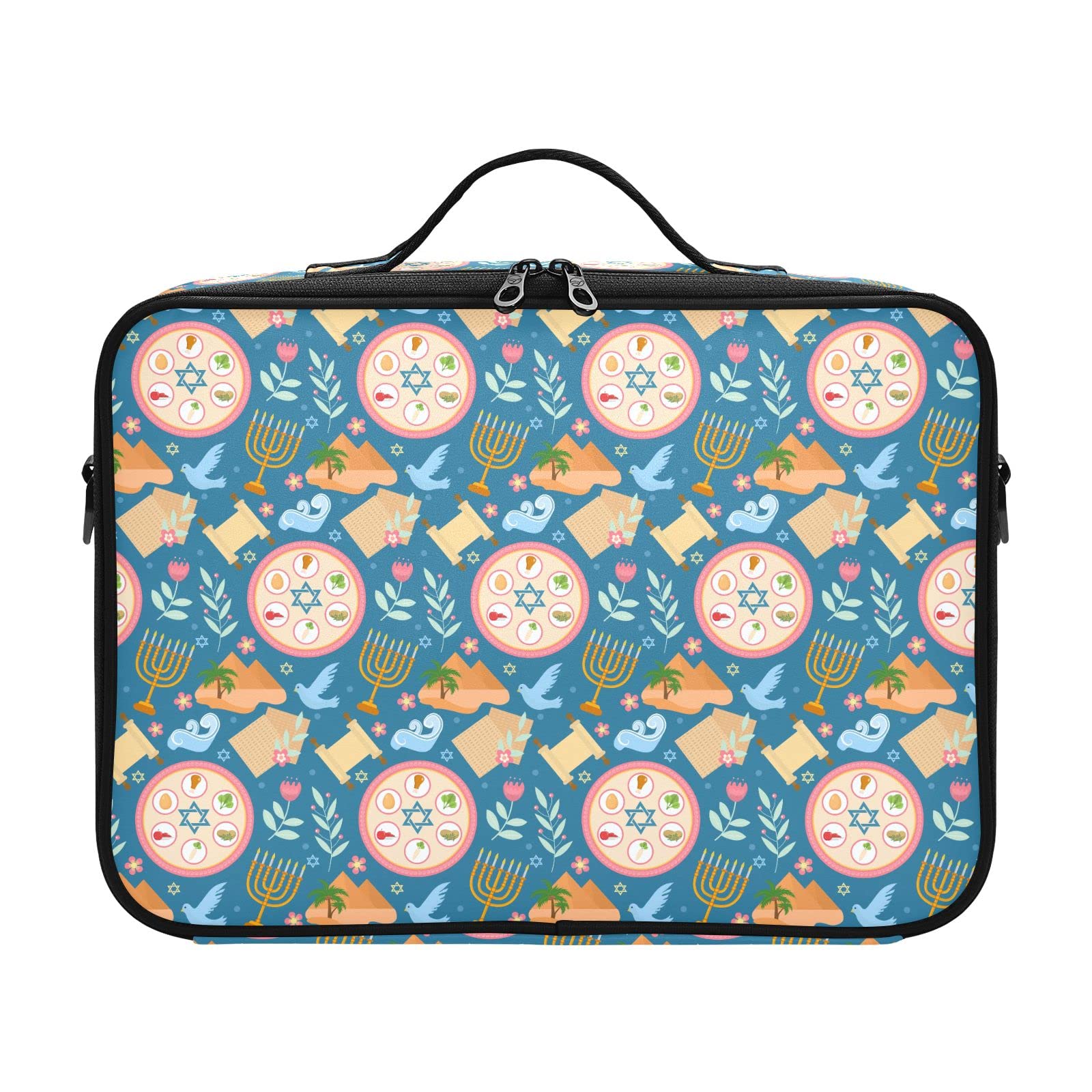 GAIREG Moroccan Tribal Flower Pattern Travel Vanity Makeup Bag - Waterproof Cosmetic Case & Toiletry Organizer for Women - Perfect for Travel, Gym, and Daily Use - Passover Pesach Blue Design