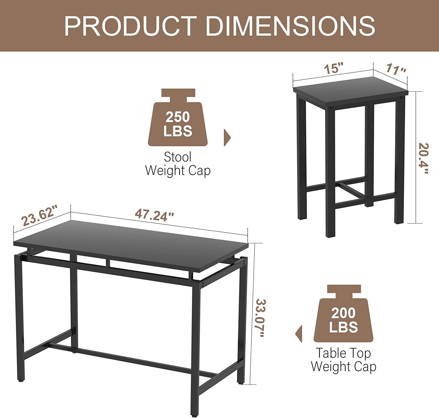 Modern 5-Piece Recaceik Bar Table Set - Farmhouse Counter Height Dining Table & 4 Chairs with Wood Top - Perfect for Small Spaces, Breakfast Nook, Living Room, Restaurant or Pub Setting - Black Finish