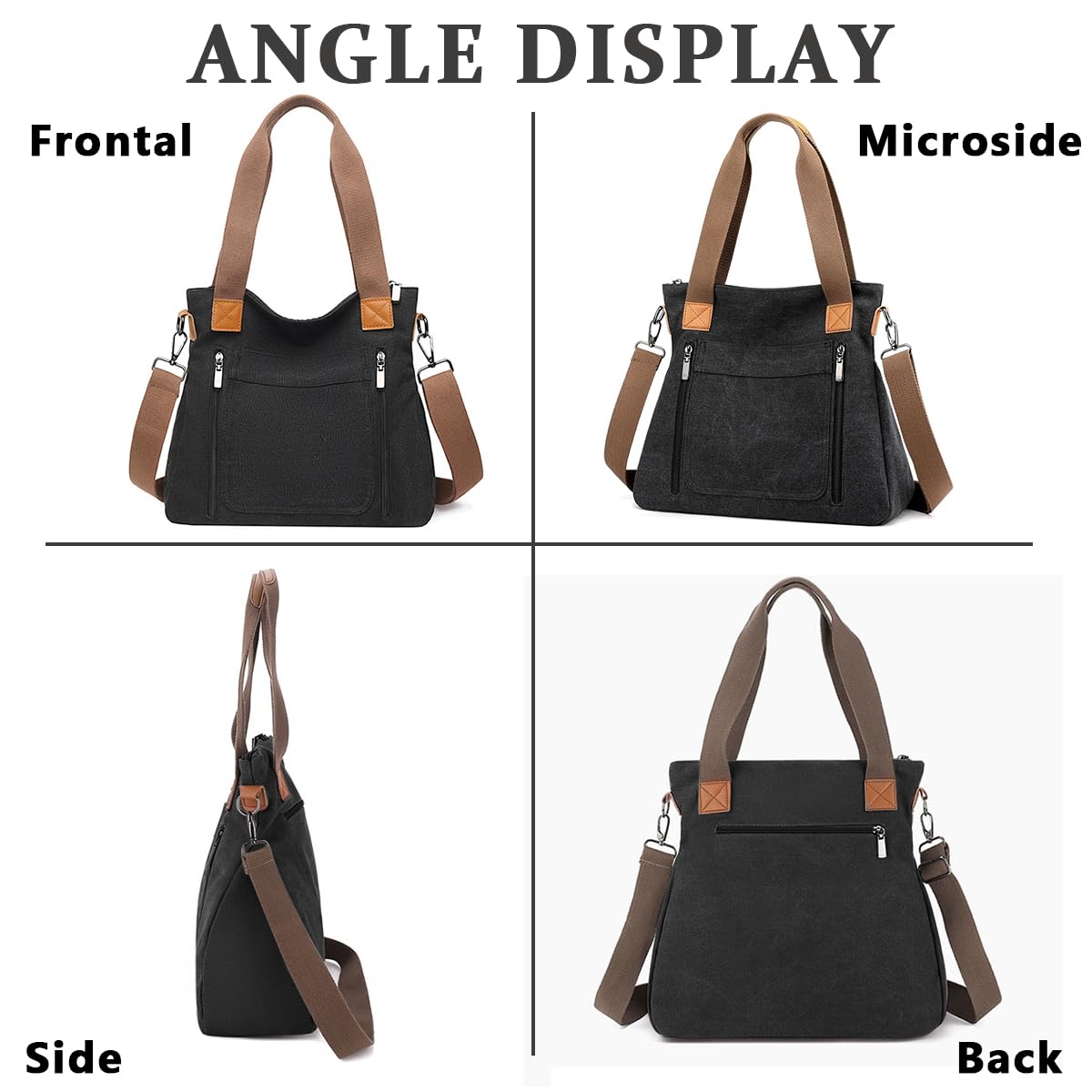 Venzina® Stylish Canvas Tote Bag for Women & Girls - Detachable Strap, Shoulder Bag with Zip Closure - Perfect for College, Travel & Everyday Use - Black Crossbody Handbag