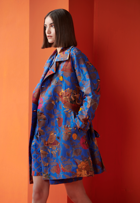 Elegant Cobalt Blue Silk Brocade Trench Coat - Vintage Inspired Women's Outerwear for Formal Events & Evening Occasions
