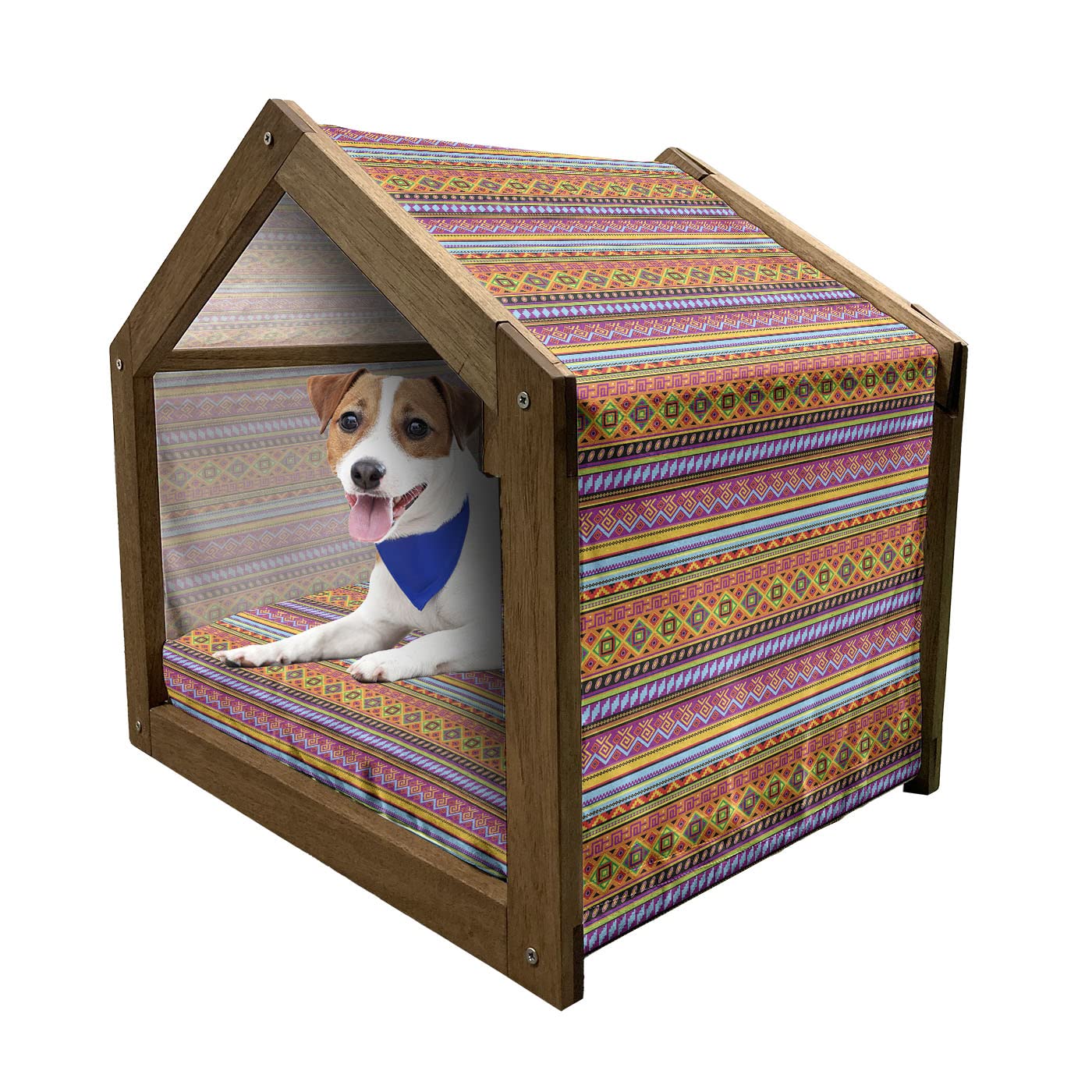 Ambesonne Mexican Wooden Pet House - Folkloric Vintage Geometric Design Dog Kennel with Stripes & Colorful Patterns, Indoor & Outdoor Portable Dog Bed with Pillow & Cover, Large Size, Multicolor - Perfect for Home, Patio, or Travel Use