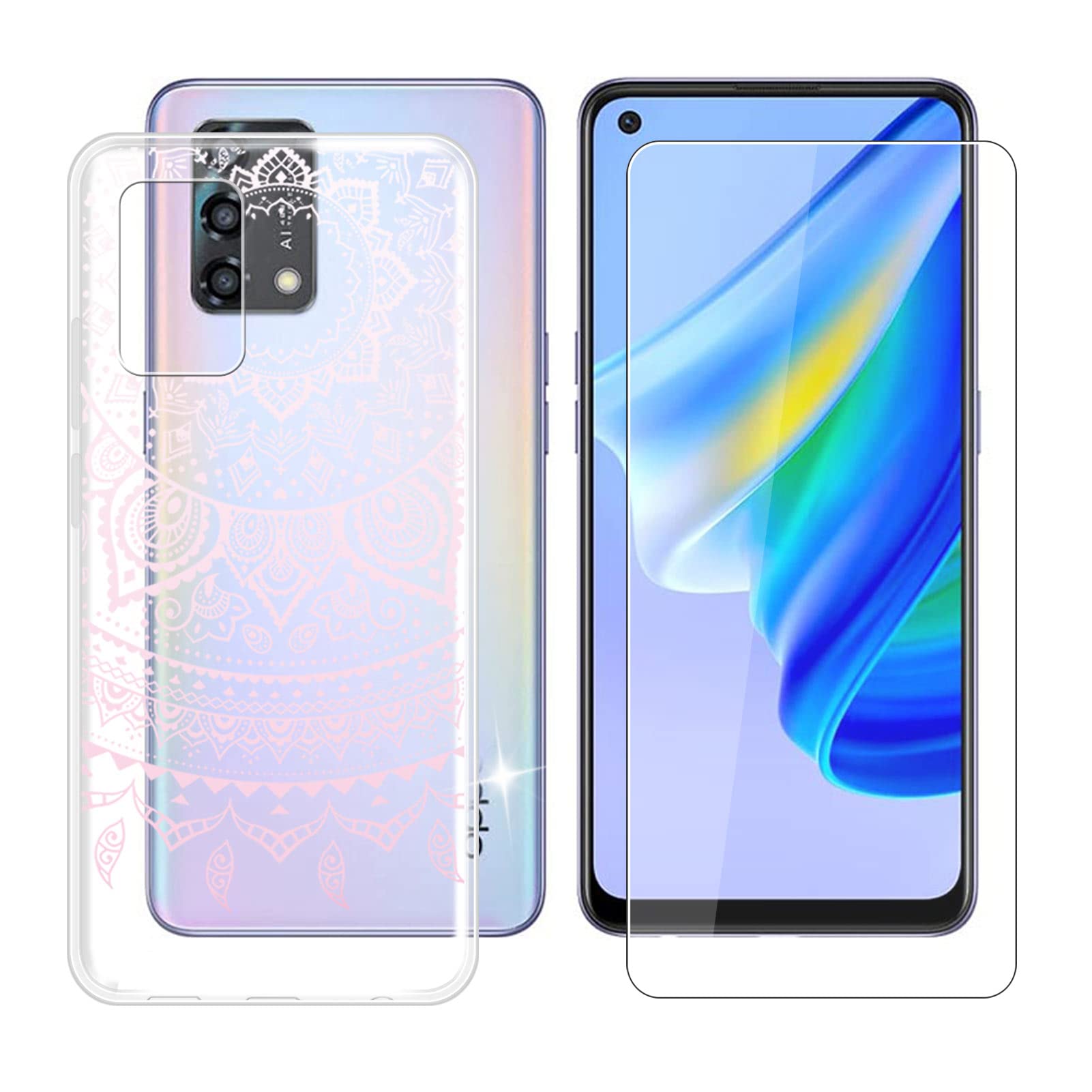 Oppo Reno6 Lite Case with 9H Tempered Glass Screen Protector - Soft Silicone Cover & TPU Shell in Black and Pink Mandala Design | Shockproof Phone Protection for Daily Use, Work & Travel