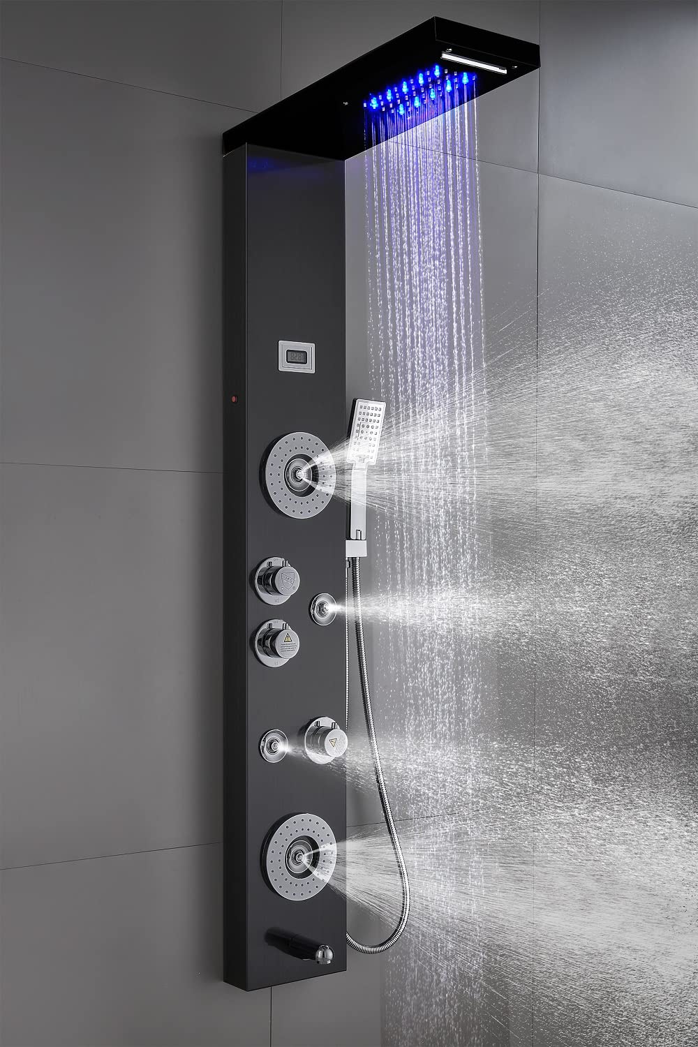 ELLO&ALLO Black Stainless Steel Shower Panel Tower with LED Rainfall Shower Head, 6 Body Jets & Multi-Function Massage System - Perfect for Luxury Bathroom & Spa Experience