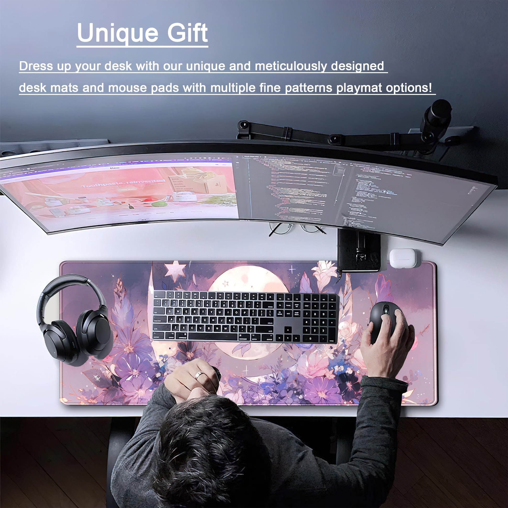 Pastel Purple Floral Gaming Mouse Pad - Extra Large 31.5