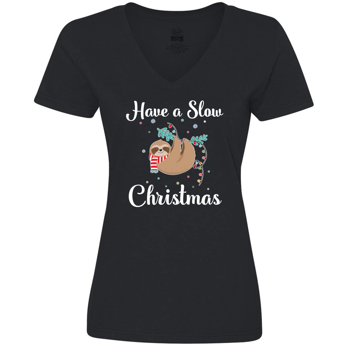 Inktastic Sloth Slow Christmas Outfit Women's V-Neck T-Shirt - Cute Holiday Graphic Tee for Casual Wear & Christmas Parties