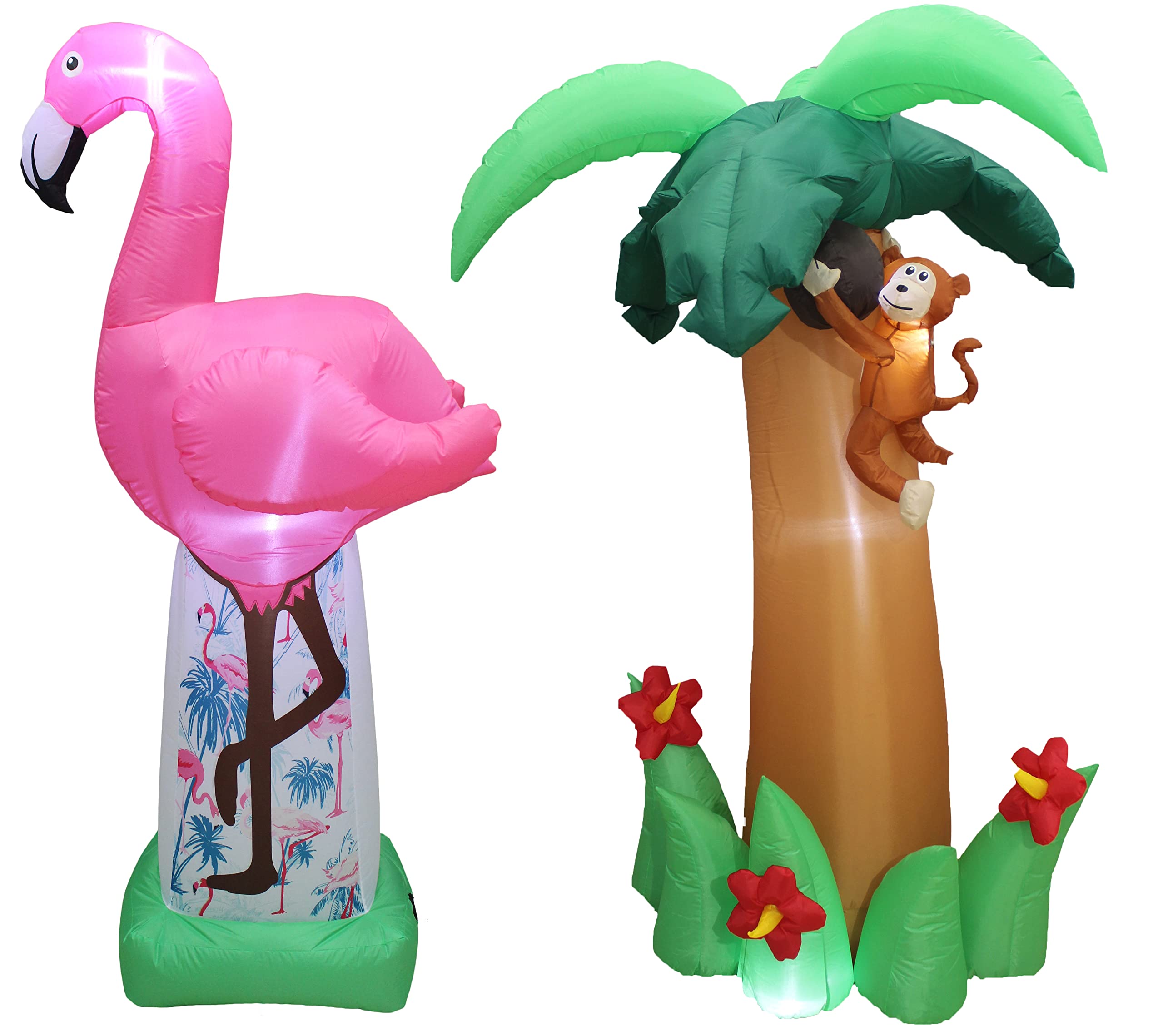 6 Foot Tall Inflatable Pink Flamingo & Palm Tree with Monkey - Summer Party Decorations Bundle for Pool Party, Beach Theme, Luau, Backyard BBQ & Tropical Events