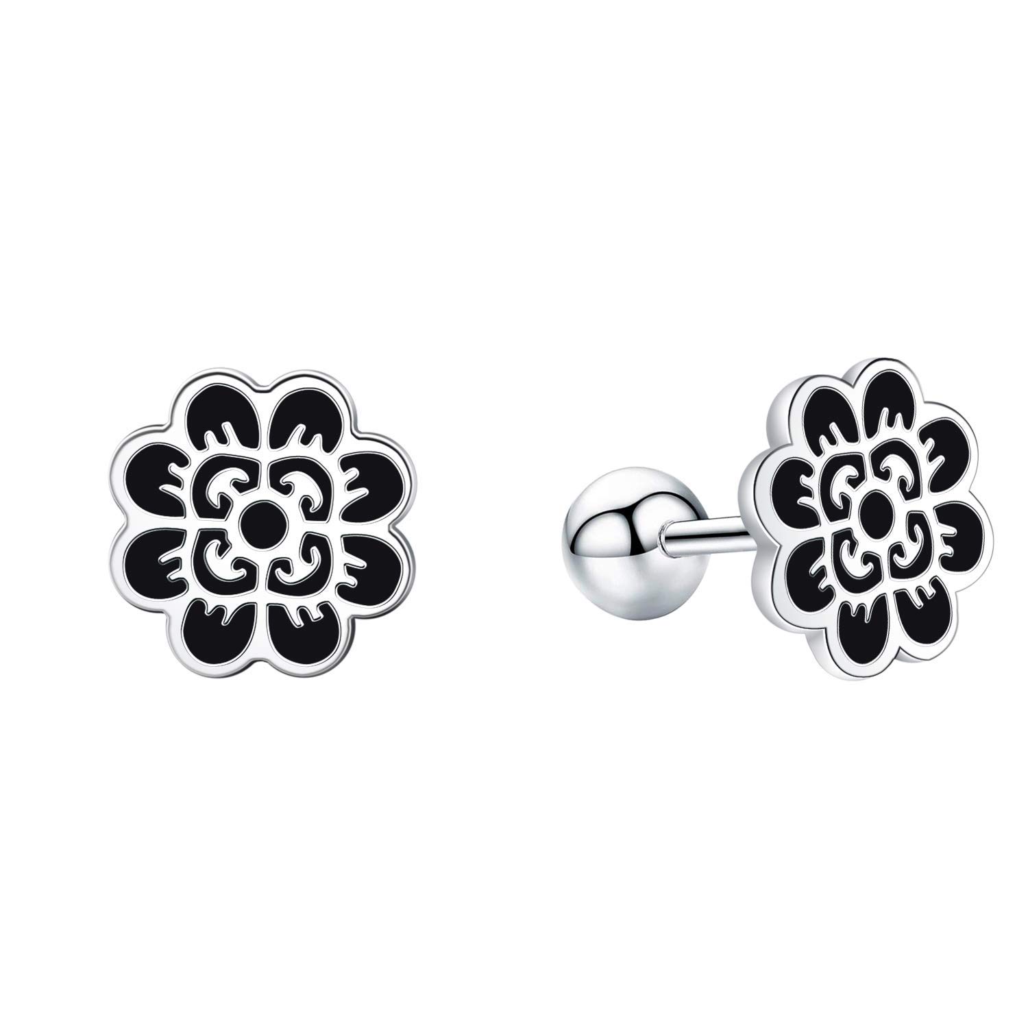 925 Sterling Silver Pet Memorial Urn Earrings for Women - Small Black Flower Screw Back Studs for Ashes Keepsake | Funeral Jewelry for Dog & Cat Lovers | Perfect for Remembrance & Special Occasions