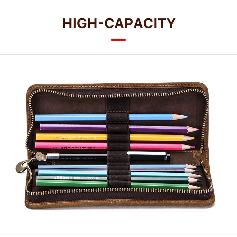 Premium Hiram Leather Pencil Case - Genuine Crazy Horse Cowhide Pouch for School, Office & Travel | Durable Coffee-Colored Leather Cosmetic & Stationery Organizer | Perfect for Students, Artists & Professionals
