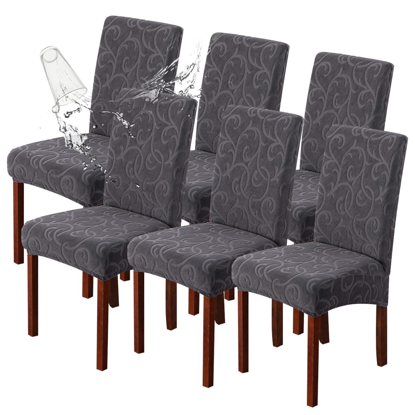 Waterproof Stretch Parsons Chair Slipcovers - 6 Pack Washable Dining Room Chair Covers for Kitchen, Removable & Durable Seat Protectors (Flower Pattern Dark Gray) - Perfect for Home, Restaurant, and Outdoor Use