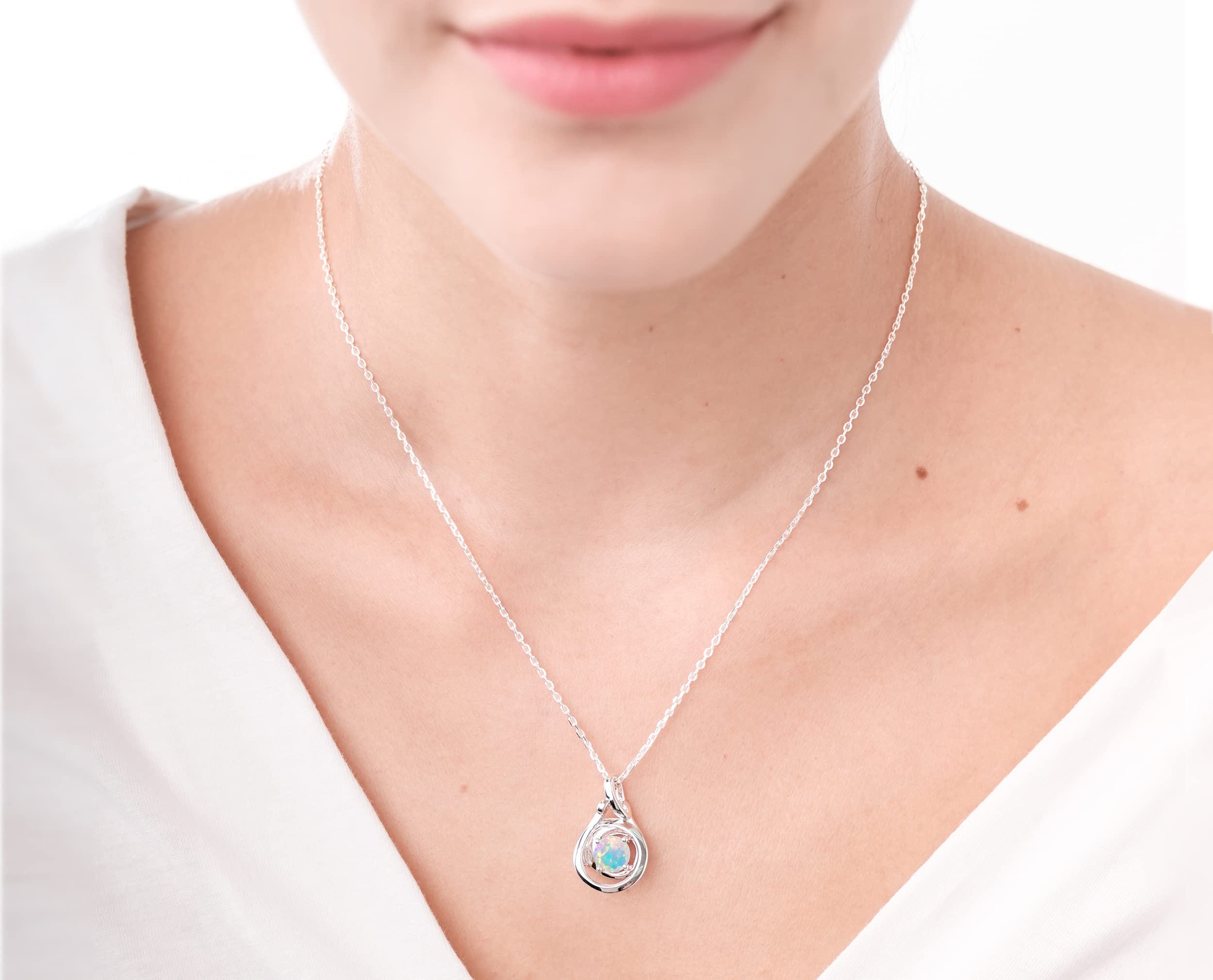 Rainbow Opal Pendant Necklace - Sterling Silver Spiral October Birthstone Jewelry - Circle Wave Swirl Minimalist Necklace for Women | Perfect Gift for Birthday, Anniversary & Everyday Wear
